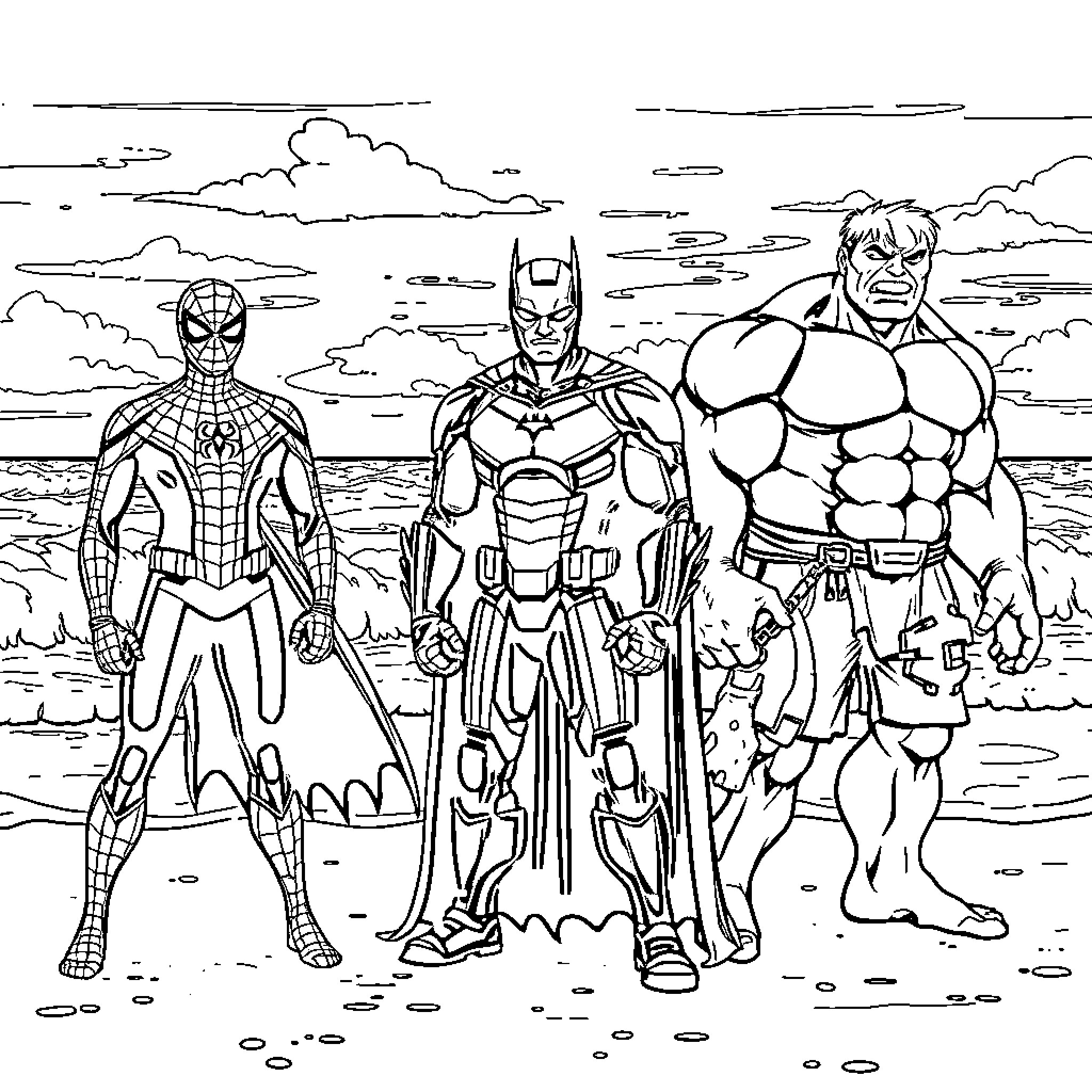 Superhero trio in epic pose on the beach Coloring Page (free black-and-white line drawing printable PDF for all, from beginners to advanced learners, including children, teens, adults, and seniors)