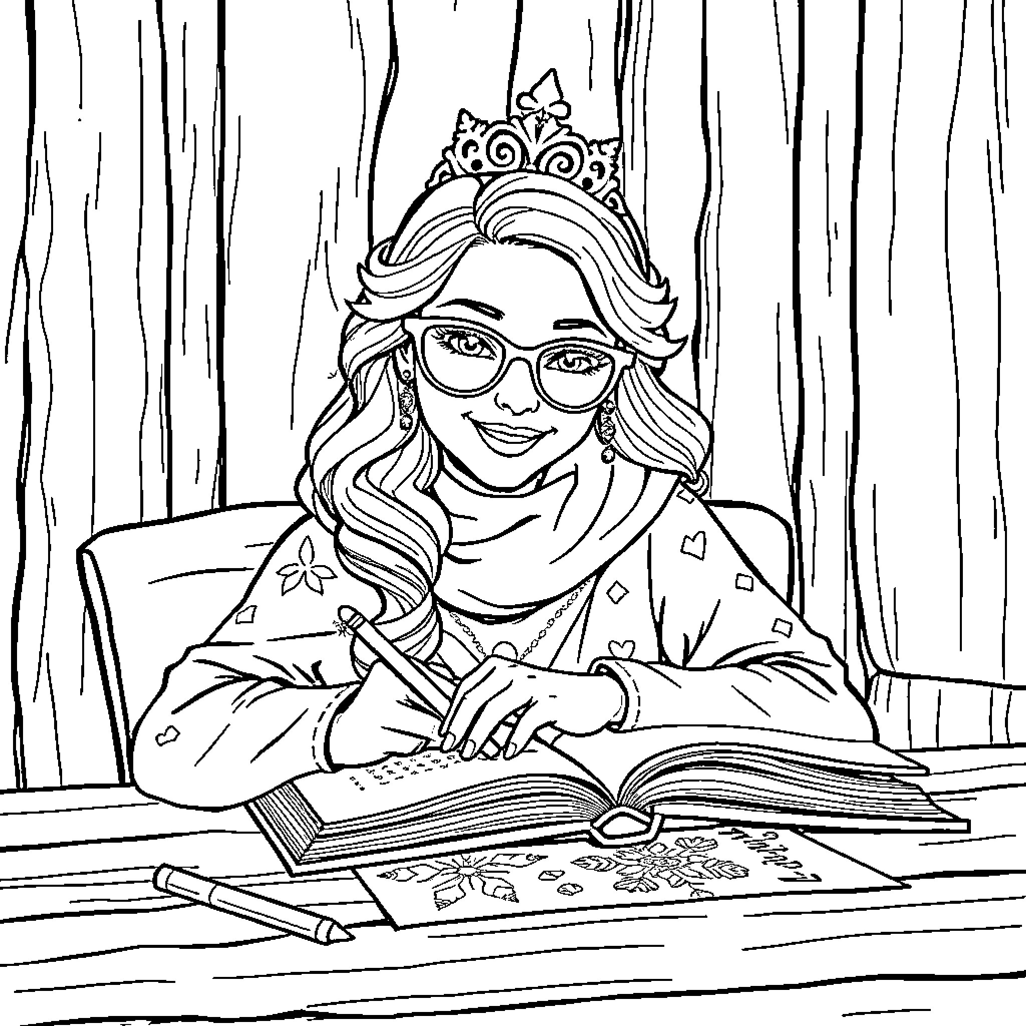 Reine des Neiges: Young princess studying diligently Coloring Page (free black-and-white line drawing printable PDF for all, from beginners to advanced learners, including children, teens, adults, and seniors)