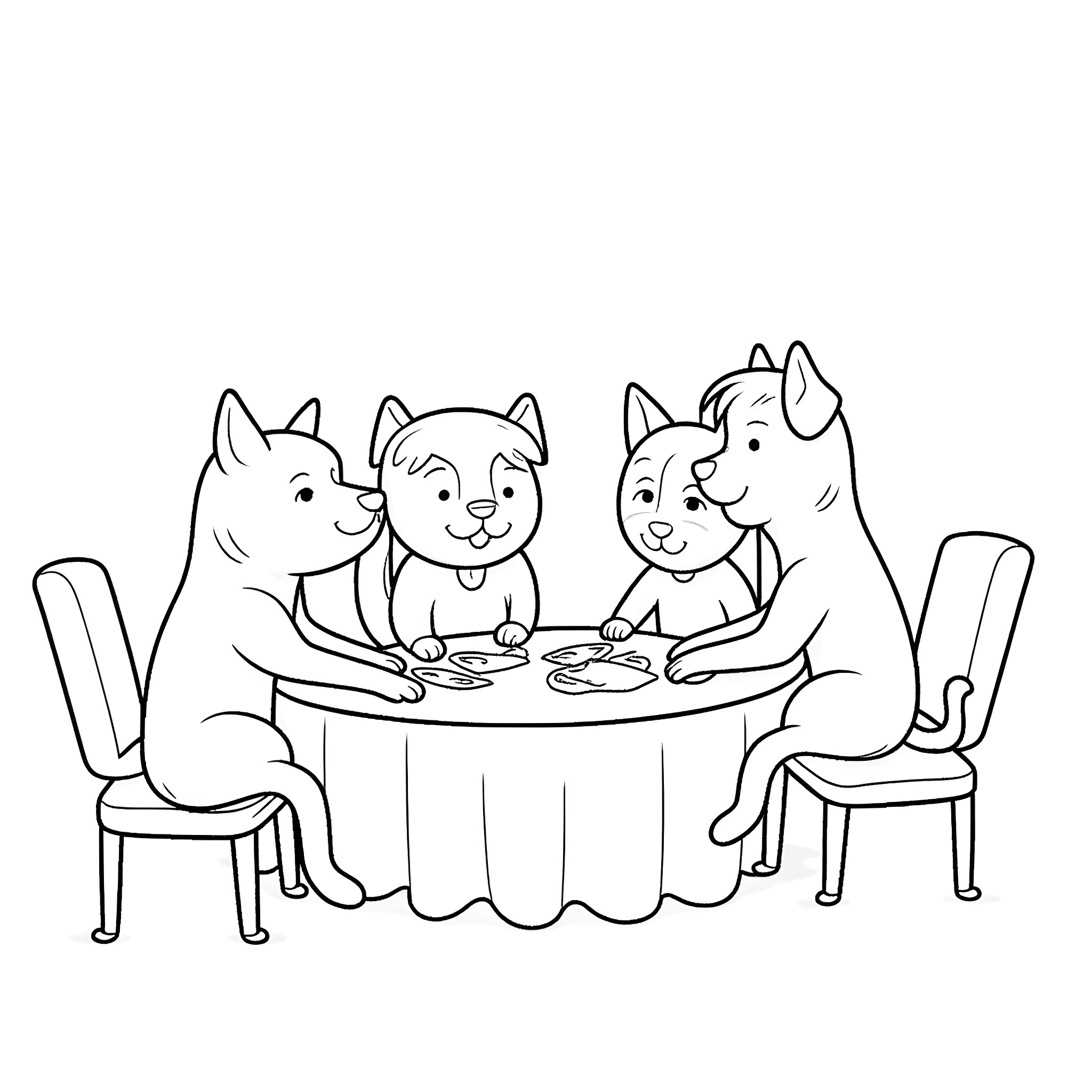 Dogs enjoying a meal together at the table Coloring Page (free black-and-white line drawing printable PDF for all, from beginners to advanced learners, including children, teens, adults, and seniors)