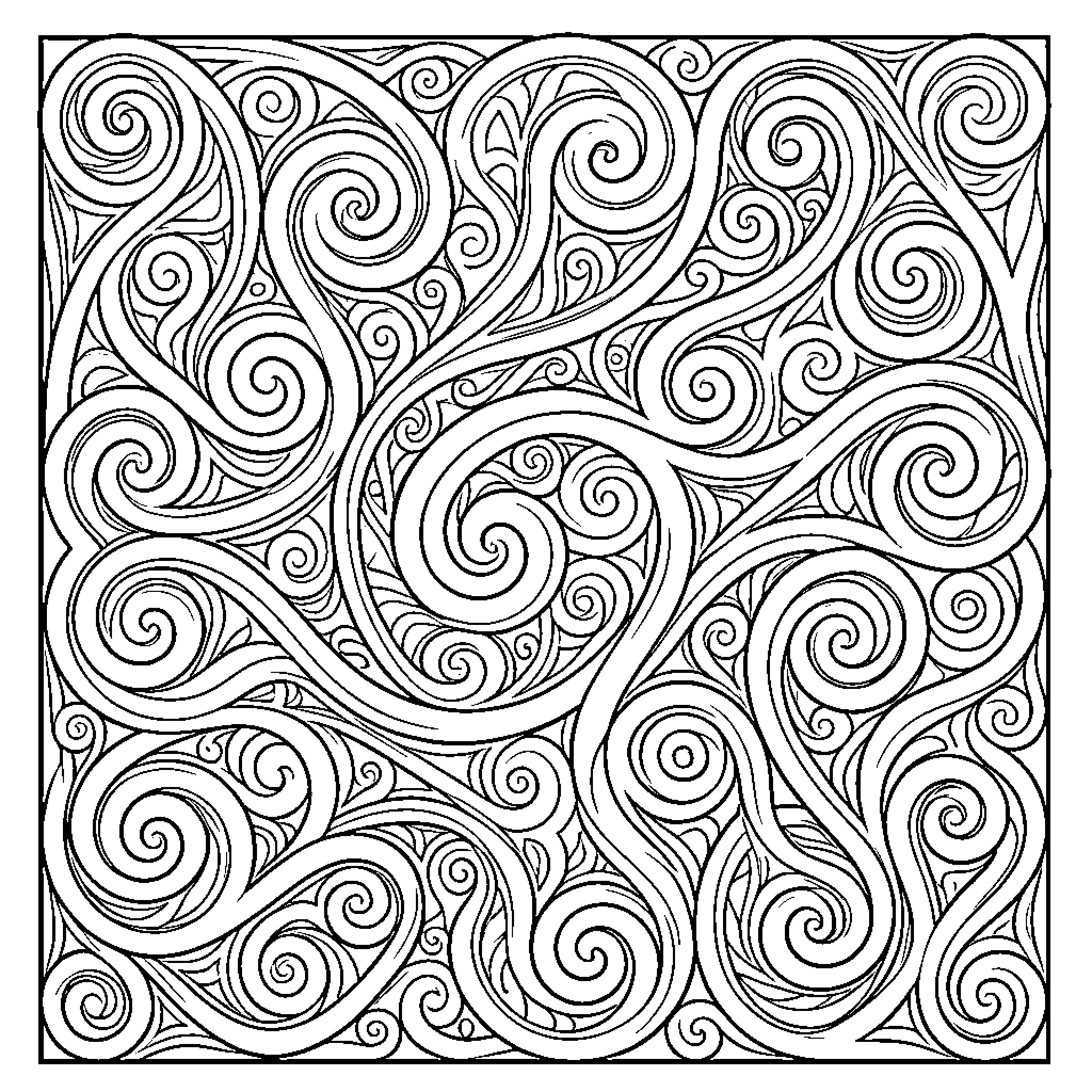 Maori Design featuring intricate swirling patterns and flowing lines Coloring Page (free black-and-white line drawing printable PDF for all, from beginners to advanced learners, including children, teens, adults, and seniors)
