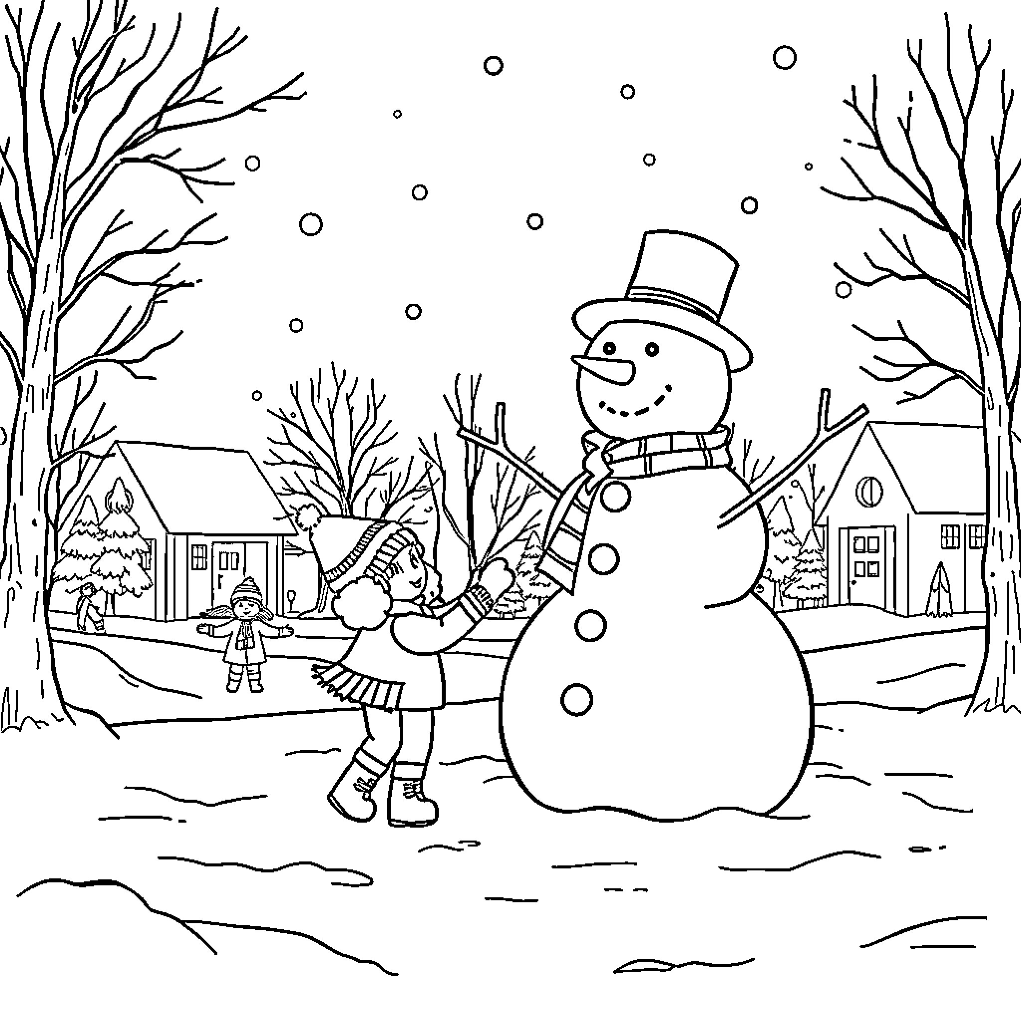 Snowman in a Snowy Winter Wonderland Coloring Page (free black-and-white line drawing printable PDF for all, from beginners to advanced learners, including children, teens, adults, and seniors)