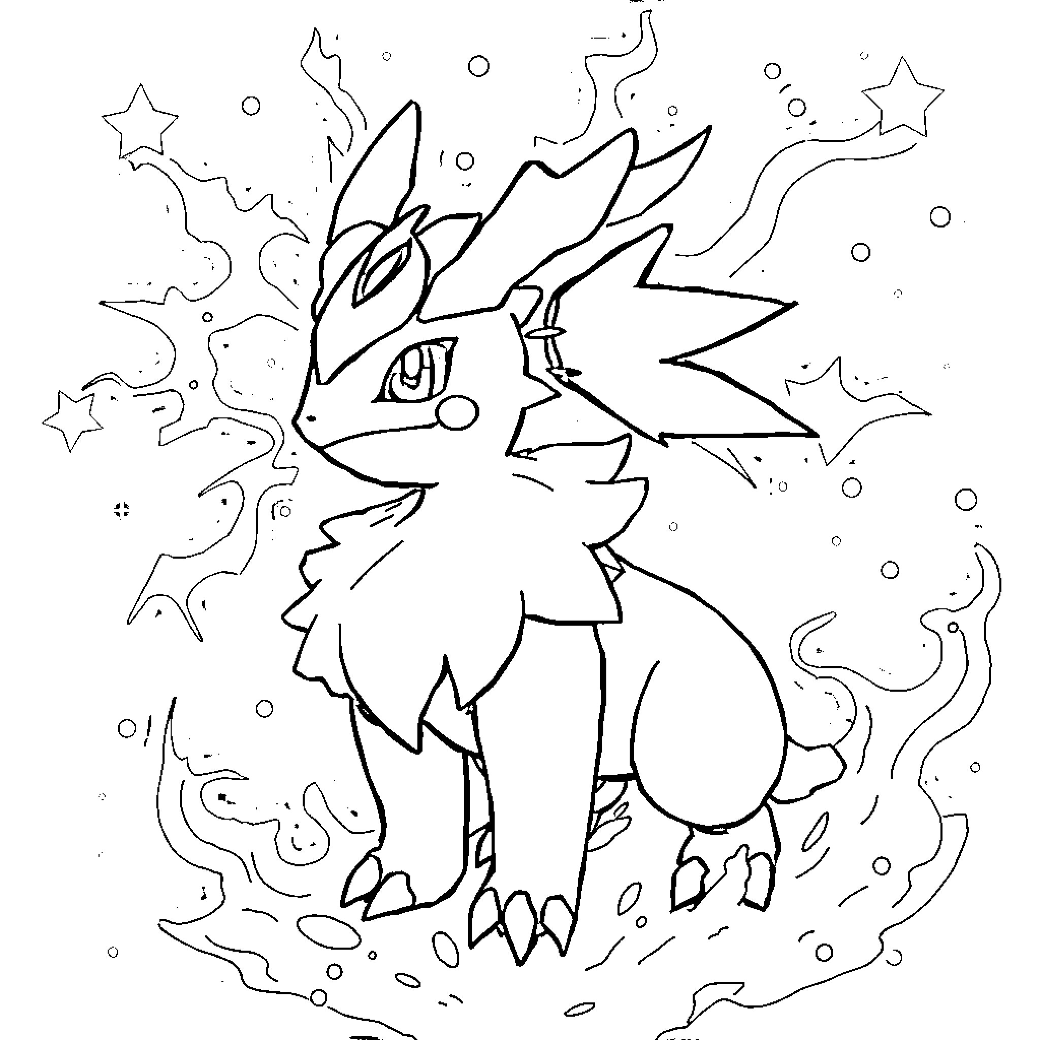 Legendary Pokemon Battling with Cosmic Energy Coloring Page (free black-and-white line drawing printable PDF for all, from beginners to advanced learners, including children, teens, adults, and seniors)