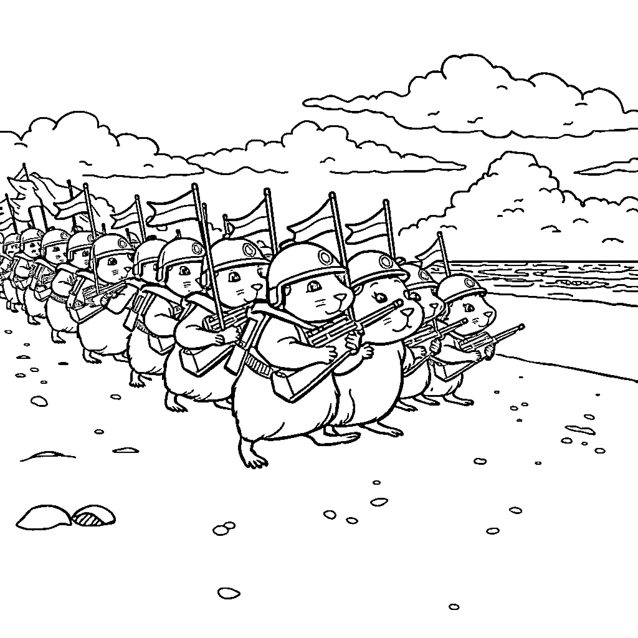 Hamsters marching in a military parade Coloring Page (free black-and-white line drawing printable PDF for all, from beginners to advanced learners, including children, teens, adults, and seniors)