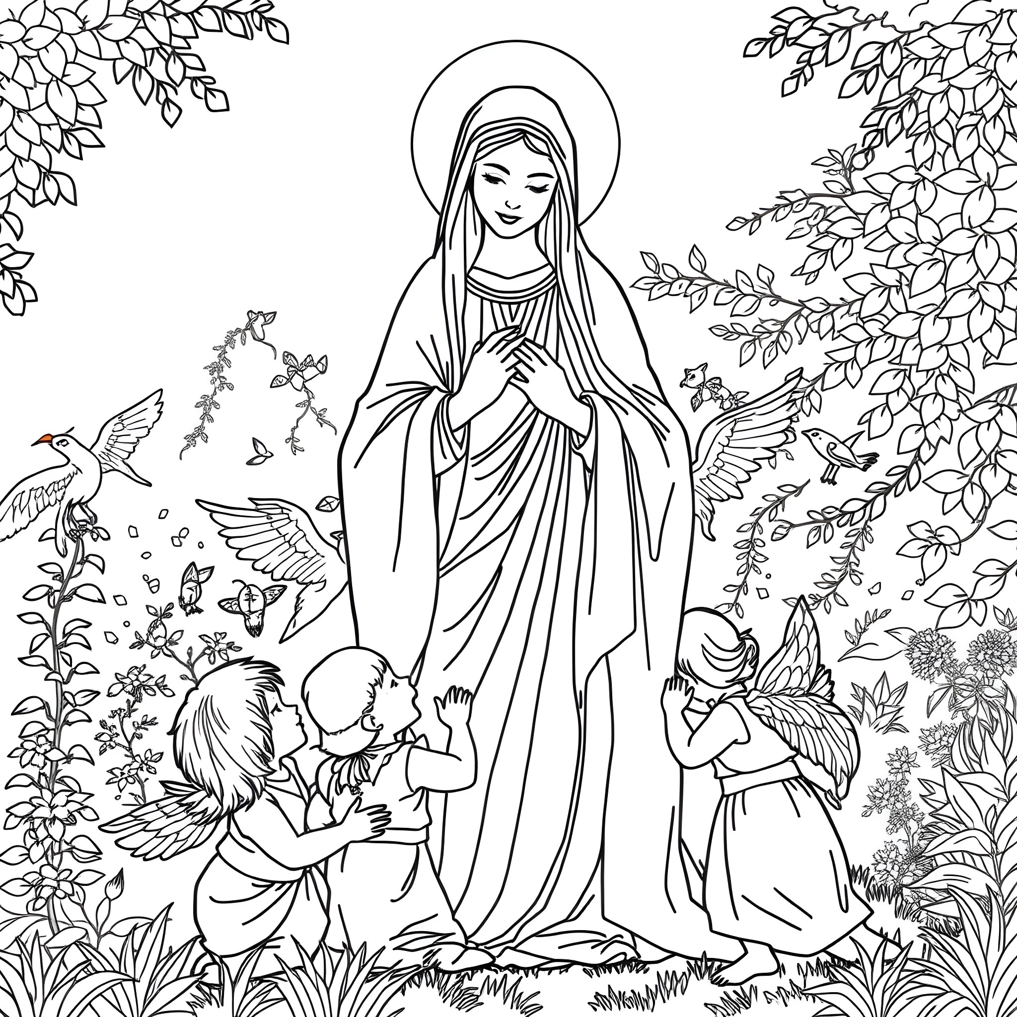 Virgin Mary with Children in an Ethereal Garden Coloring Page (free black-and-white line drawing printable PDF for all, from beginners to advanced learners, including children, teens, adults, and seniors)