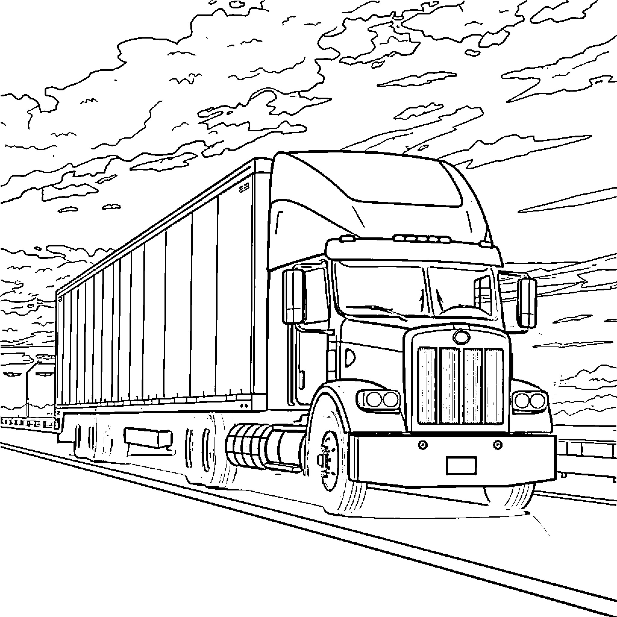 Truck transporting cargo on the highway Coloring Page (free black-and-white line drawing printable PDF for all, from beginners to advanced learners, including children, teens, adults, and seniors)