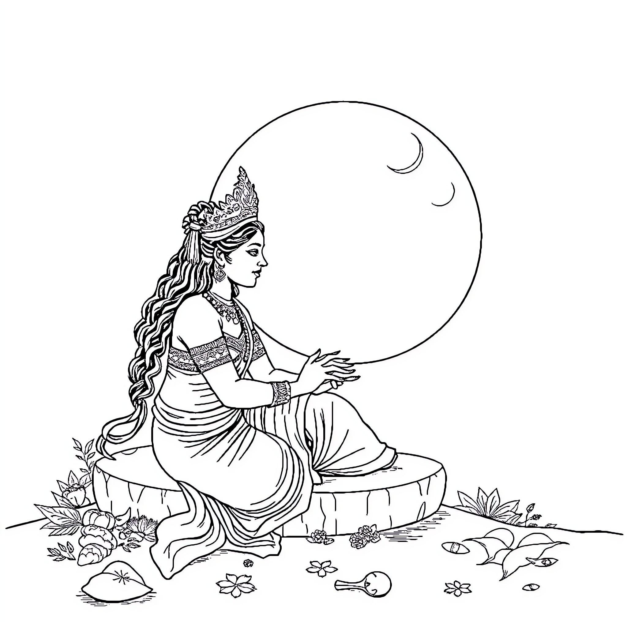 Nature's Mystical Maiden Under the Crescent Moon Coloring Page (free black-and-white line drawing printable PDF for all, from beginners to advanced learners, including children, teens, adults, and seniors)