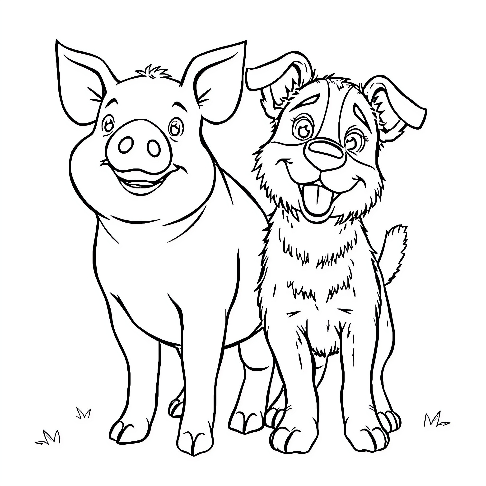 Pig and dog playing together happily Coloring Page (free black-and-white line drawing printable PDF for all, from beginners to advanced learners, including children, teens, adults, and seniors)