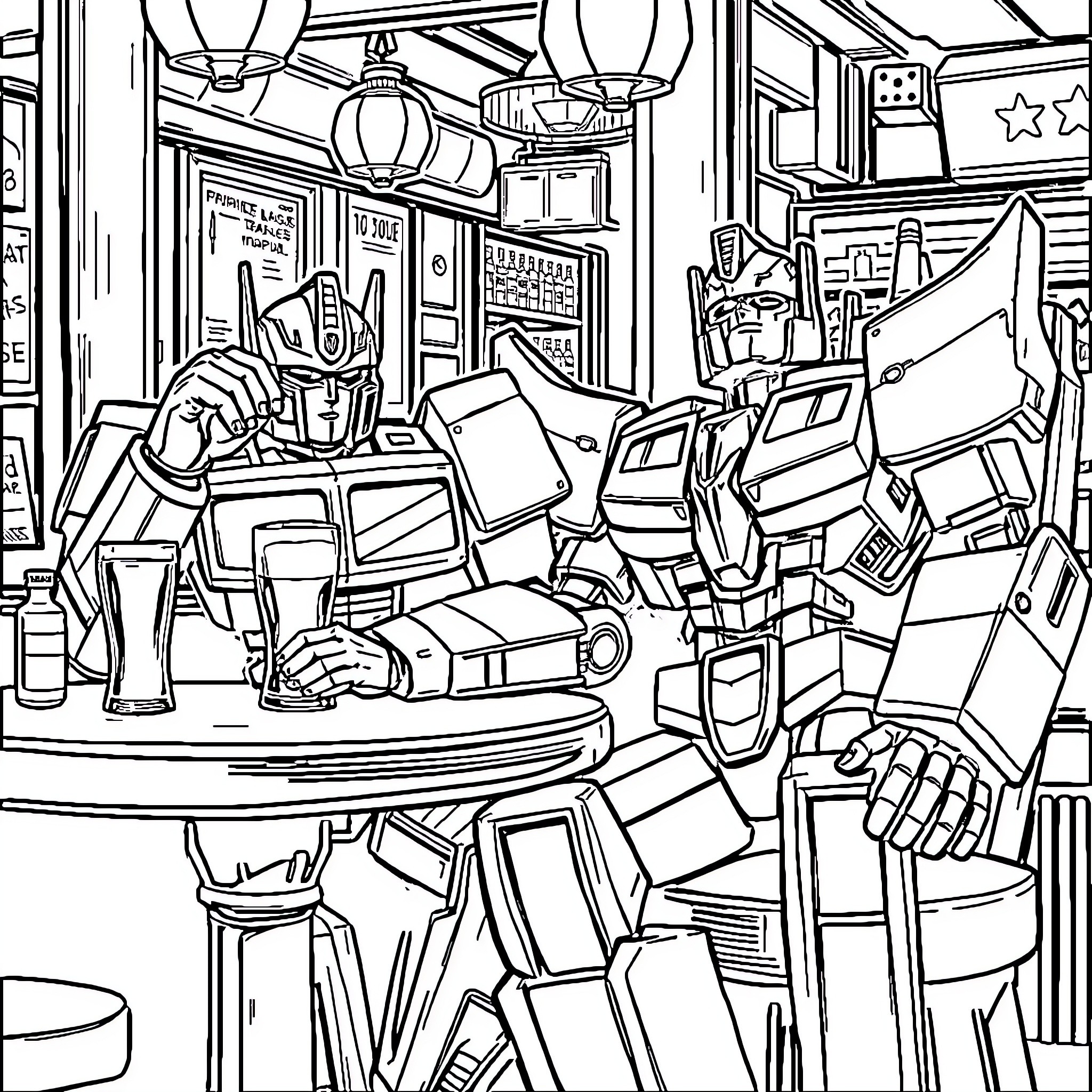 Optimus Prime in a Transformers-themed room Coloring Page (free black-and-white line drawing printable PDF for all, from beginners to advanced learners, including children, teens, adults, and seniors)