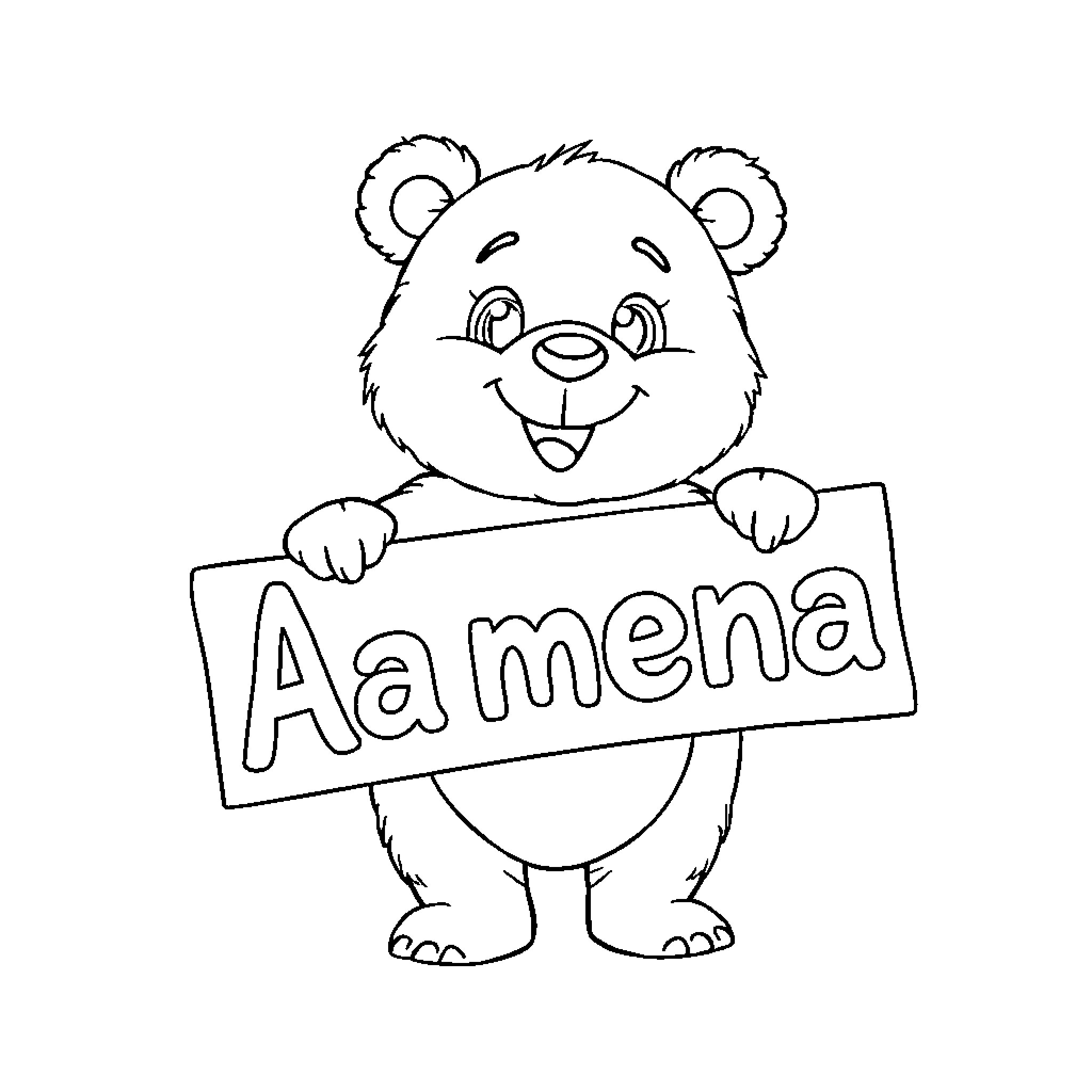 Masha holding a sign with her name Coloring Page (free black-and-white line drawing printable PDF for all, from beginners to advanced learners, including children, teens, adults, and seniors)
