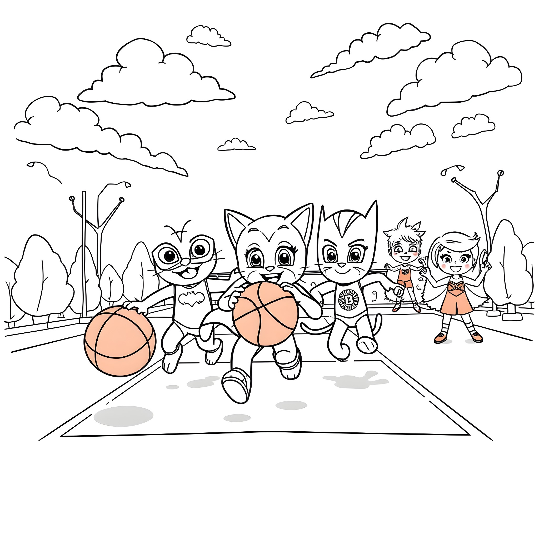 Kitty friends playing basketball outdoors Coloring Page (free black-and-white line drawing printable PDF for all, from beginners to advanced learners, including children, teens, adults, and seniors)