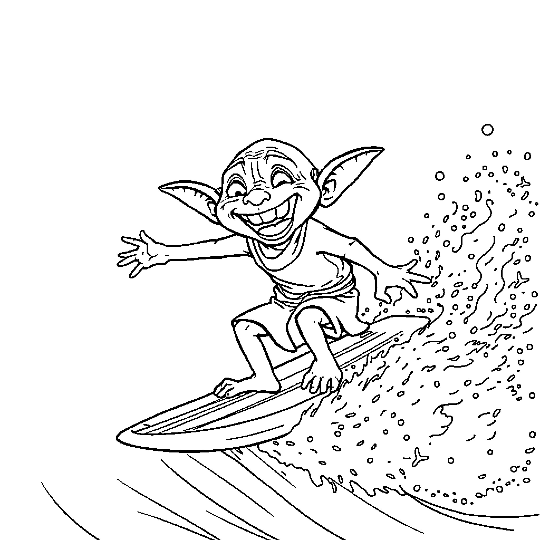 Gollum surfing happily in the waves Coloring Page (free black-and-white line drawing printable PDF for all, from beginners to advanced learners, including children, teens, adults, and seniors)