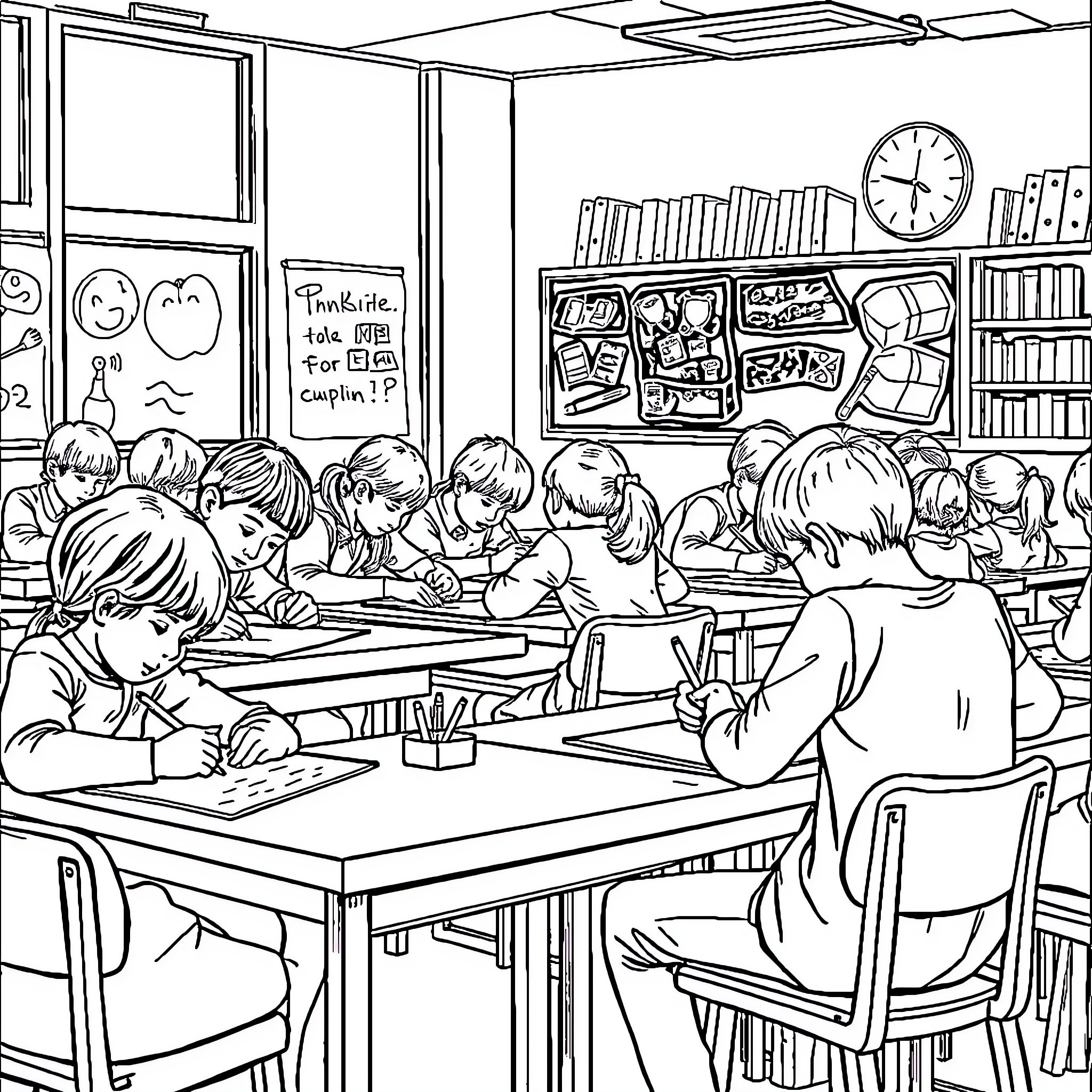 Students studying diligently in a classroom Coloring Page (free black-and-white line drawing printable PDF for all, from beginners to advanced learners, including children, teens, adults, and seniors)