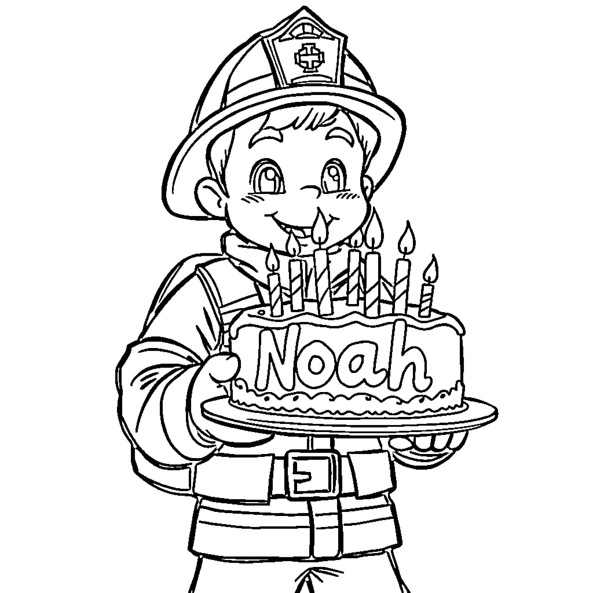 Fire Fighter Celebrating Birthday with Cake Coloring Page (free black-and-white line drawing printable PDF for all, from beginners to advanced learners, including children, teens, adults, and seniors)