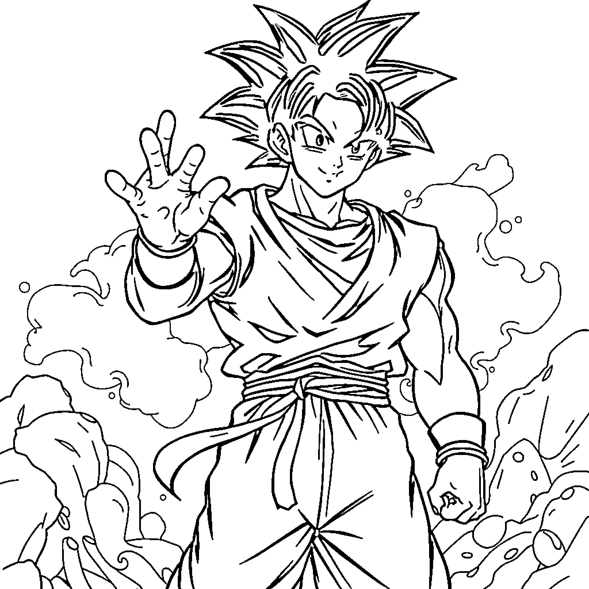 Goku's Heroic Stance Amidst Powerful Surroundings Coloring Page (free black-and-white line drawing printable PDF for all, from beginners to advanced learners, including children, teens, adults, and seniors)