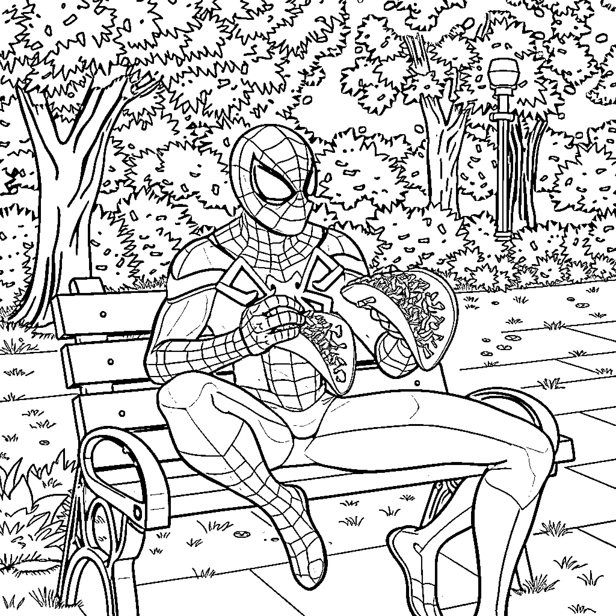 Spider-Man relaxing on a park bench Coloring Page (free black-and-white line drawing printable PDF for all, from beginners to advanced learners, including children, teens, adults, and seniors)