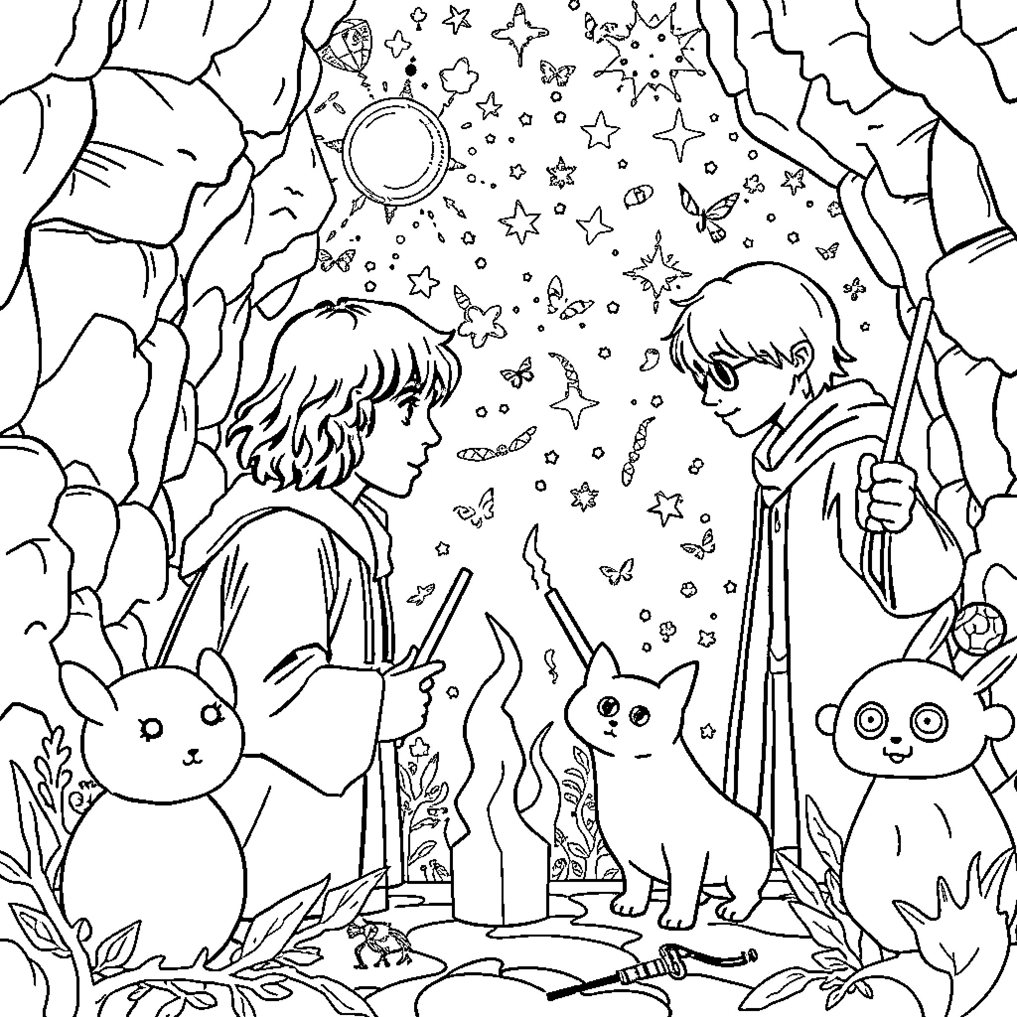 Stranger Things: Enchanted Forest Adventure Coloring Page (free black-and-white line drawing printable PDF for all, from beginners to advanced learners, including children, teens, adults, and seniors)