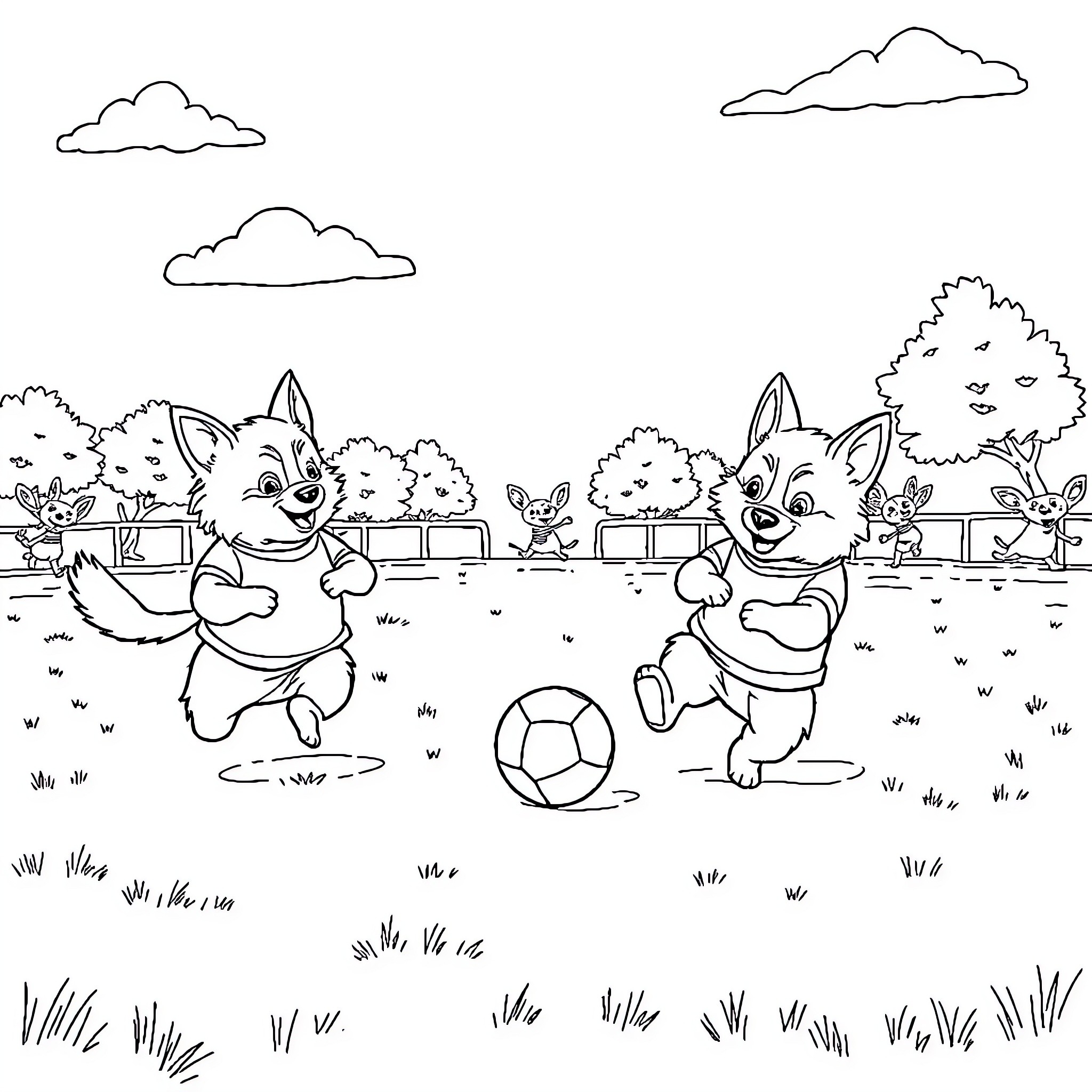 Paw Patrol characters playing soccer in the park Coloring Page (free black-and-white line drawing printable PDF for all, from beginners to advanced learners, including children, teens, adults, and seniors)