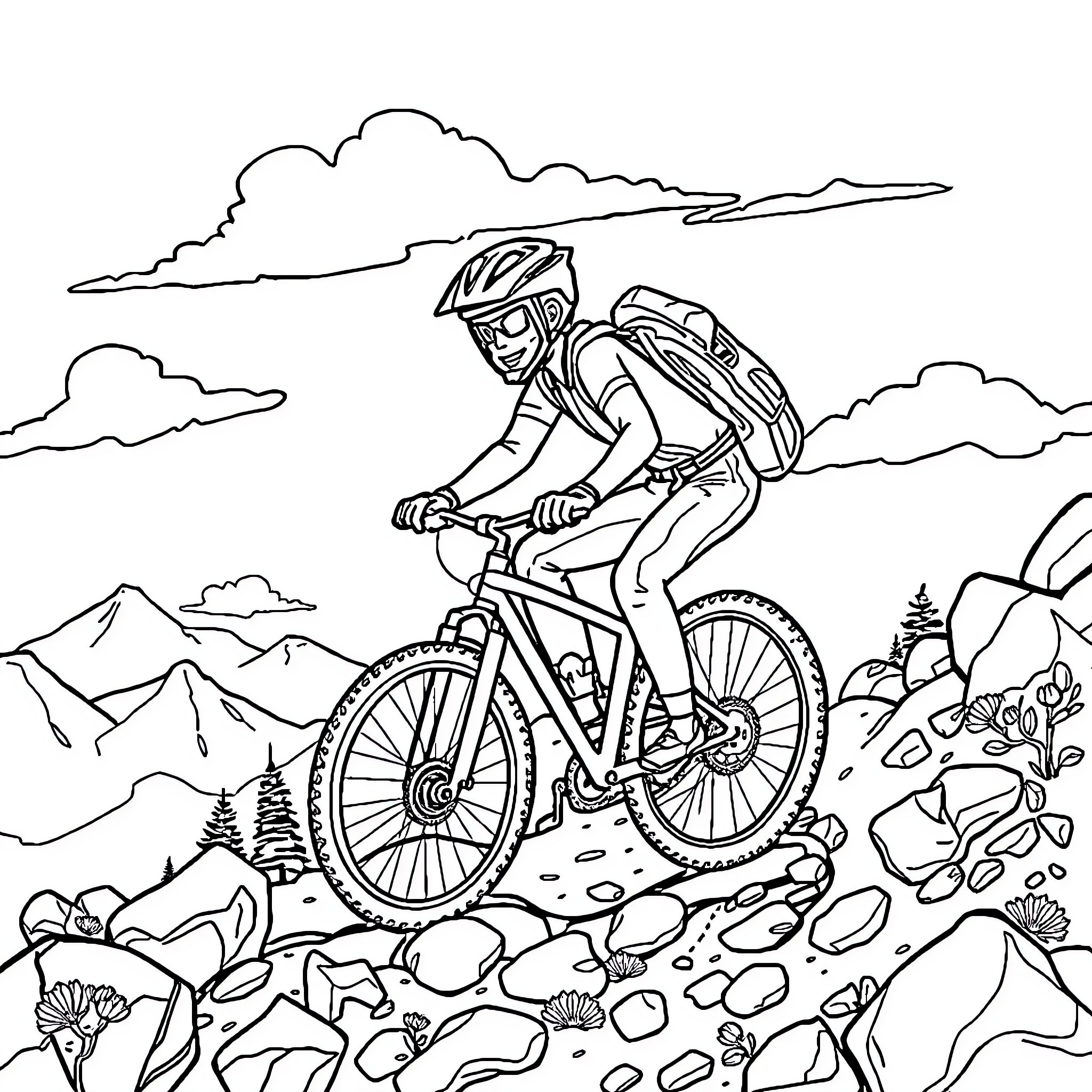 Caca Cyclist Navigating Rugged Terrain Coloring Page (free black-and-white line drawing printable PDF for all, from beginners to advanced learners, including children, teens, adults, and seniors)