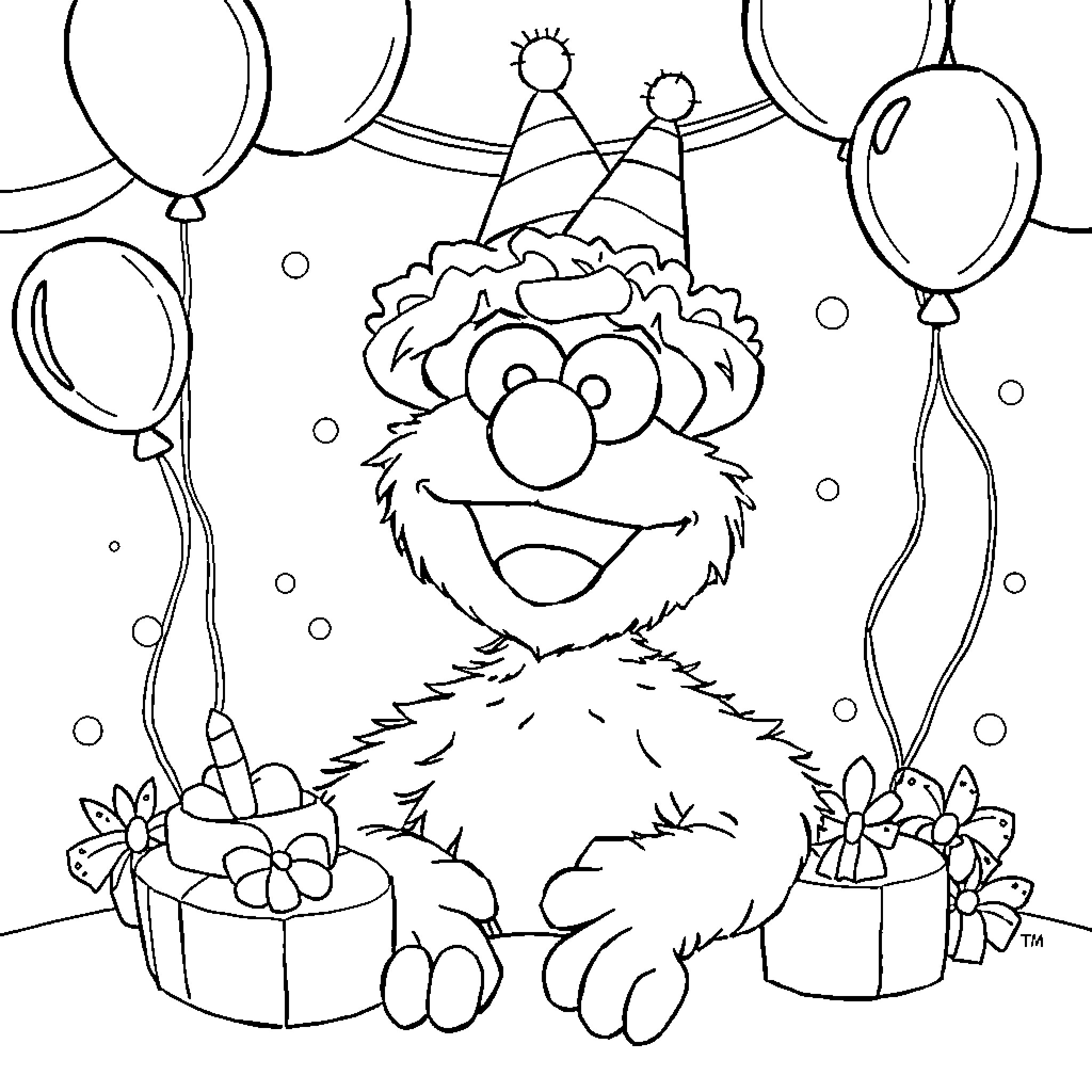 Elmo celebrating with balloons and gifts Coloring Page (free black-and-white line drawing printable PDF for all, from beginners to advanced learners, including children, teens, adults, and seniors)