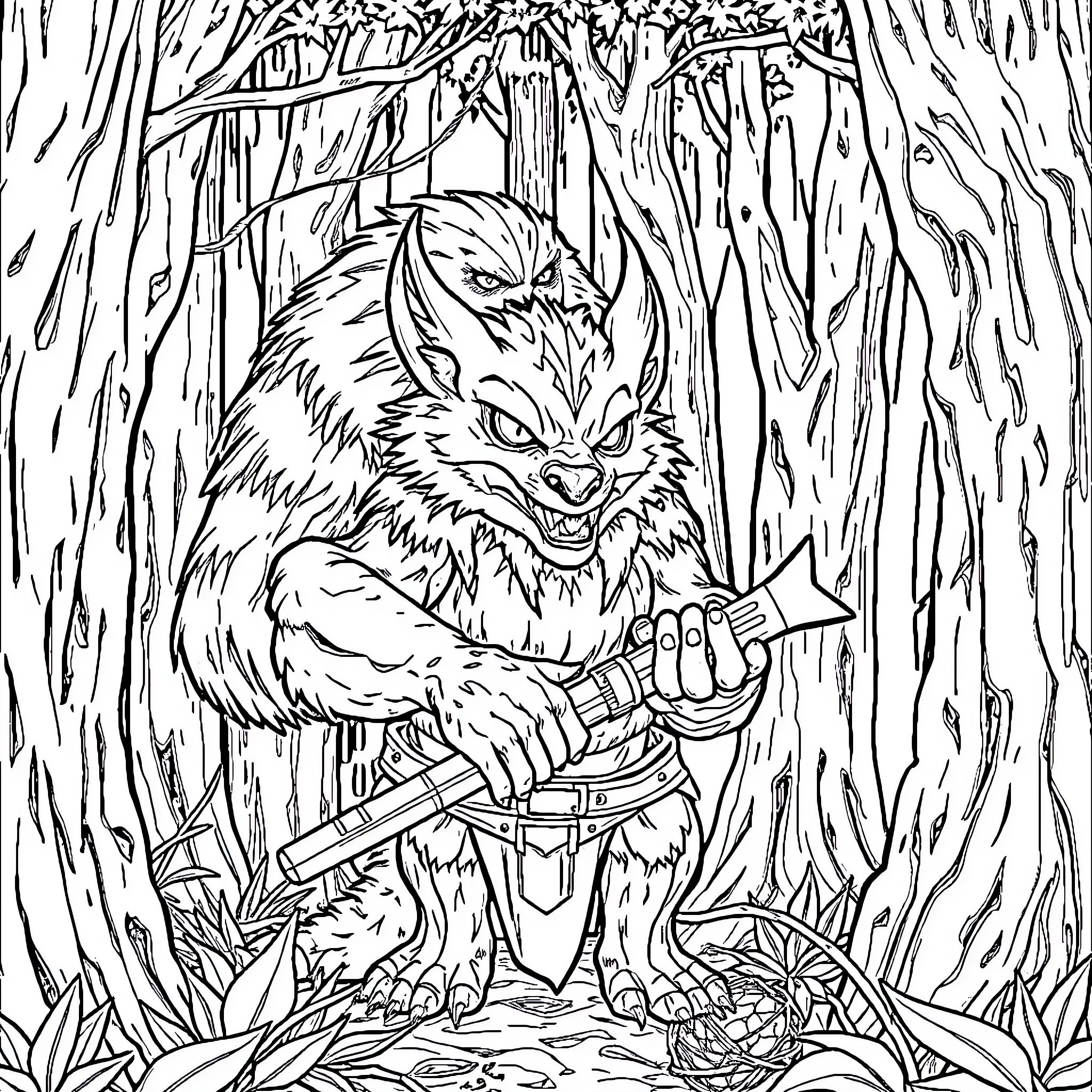 Warrior Creature Wielding Weaponry in Mystical Forest Coloring Page (free black-and-white line drawing printable PDF for all, from beginners to advanced learners, including children, teens, adults, and seniors)