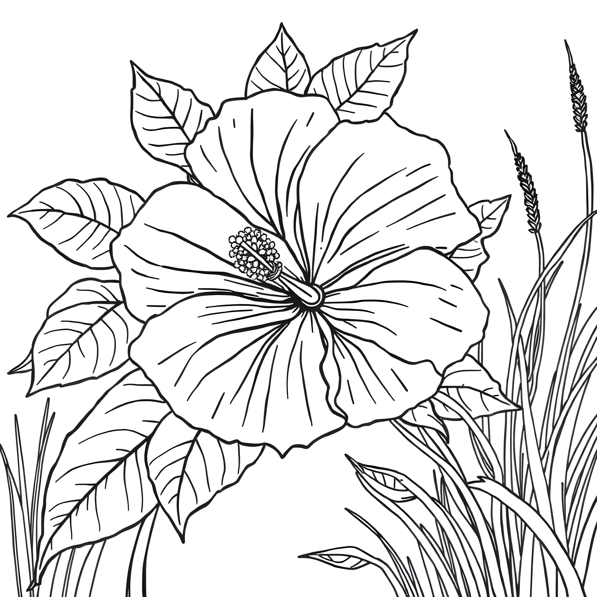 Hibiscus flower blooming in the wild Coloring Page (free black-and-white line drawing printable PDF for all, from beginners to advanced learners, including children, teens, adults, and seniors)