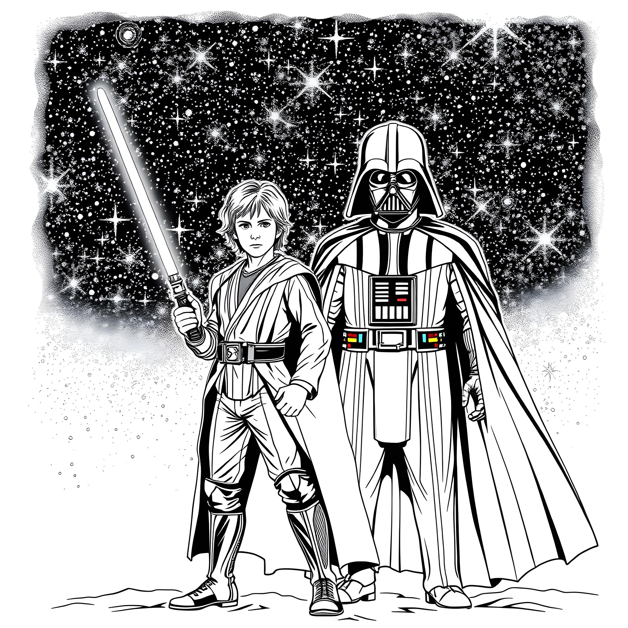 Luke Skywalker and Darth Vader in the Star Wars universe Coloring Page (free black-and-white line drawing printable PDF for all, from beginners to advanced learners, including children, teens, adults, and seniors)