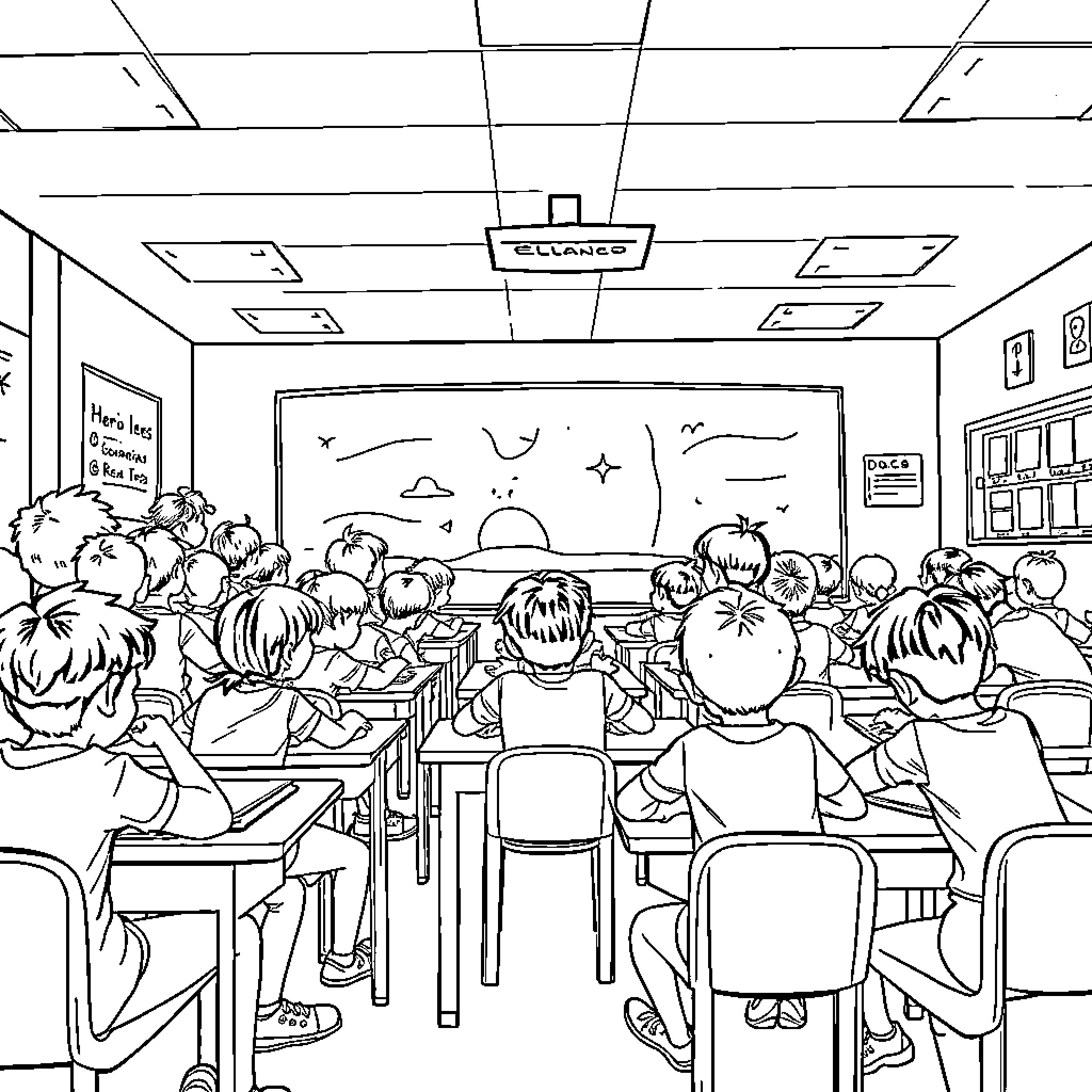 Children learning in a school classroom Coloring Page (free black-and-white line drawing printable PDF for all, from beginners to advanced learners, including children, teens, adults, and seniors)