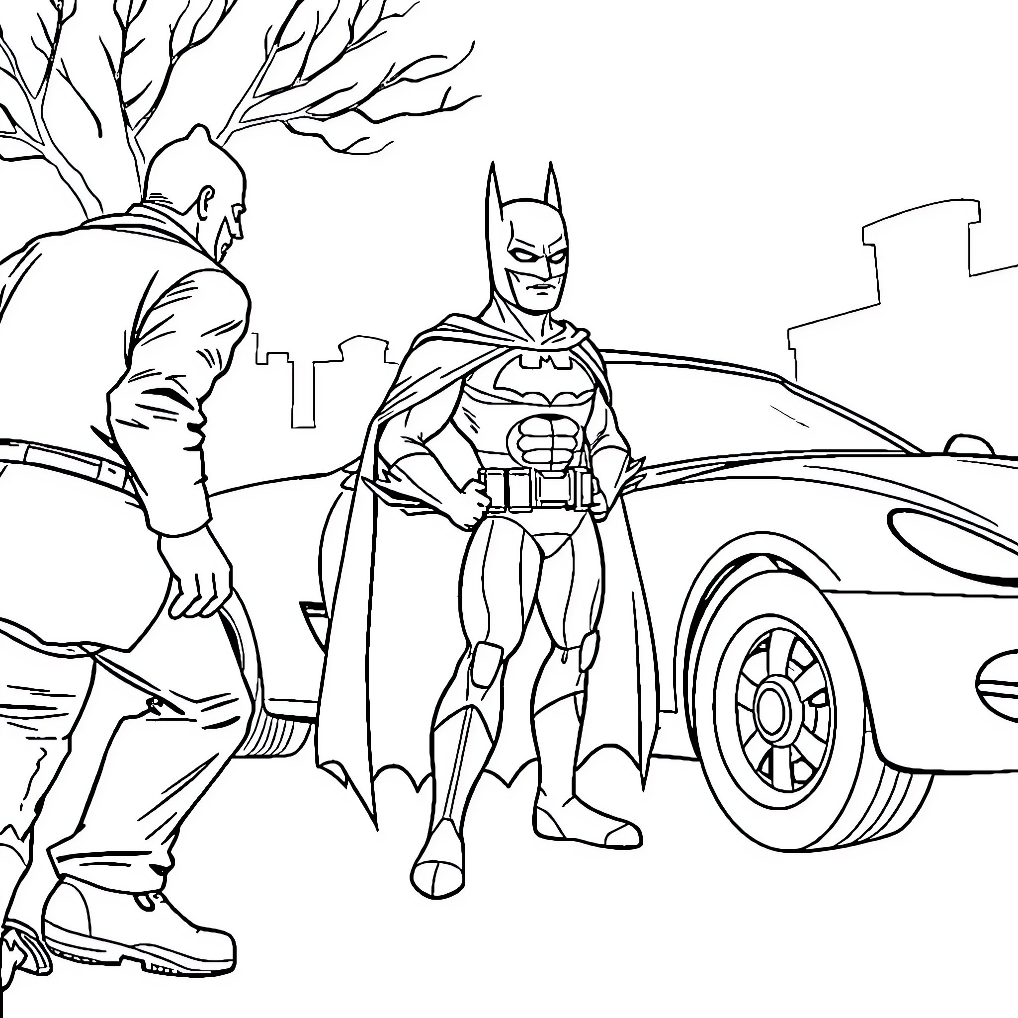 Batman confronts a suspect in the city Coloring Page (free black-and-white line drawing printable PDF for all, from beginners to advanced learners, including children, teens, adults, and seniors)