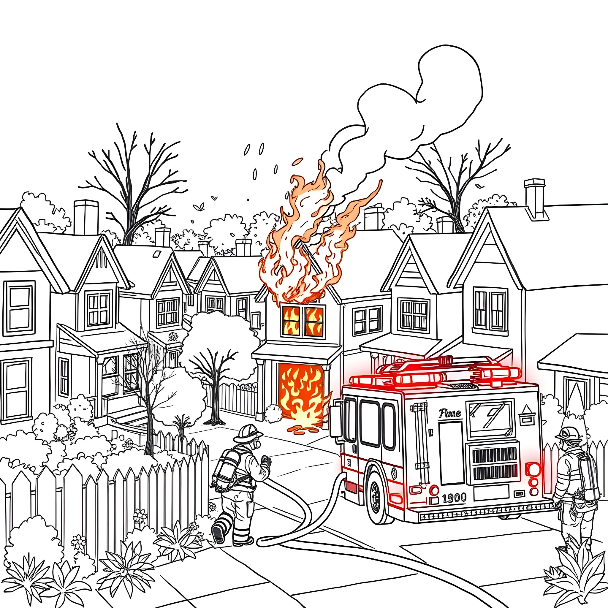 Firefighter responding to a fire in a residential neighborhood Coloring Page (free black-and-white line drawing printable PDF for all, from beginners to advanced learners, including children, teens, adults, and seniors)