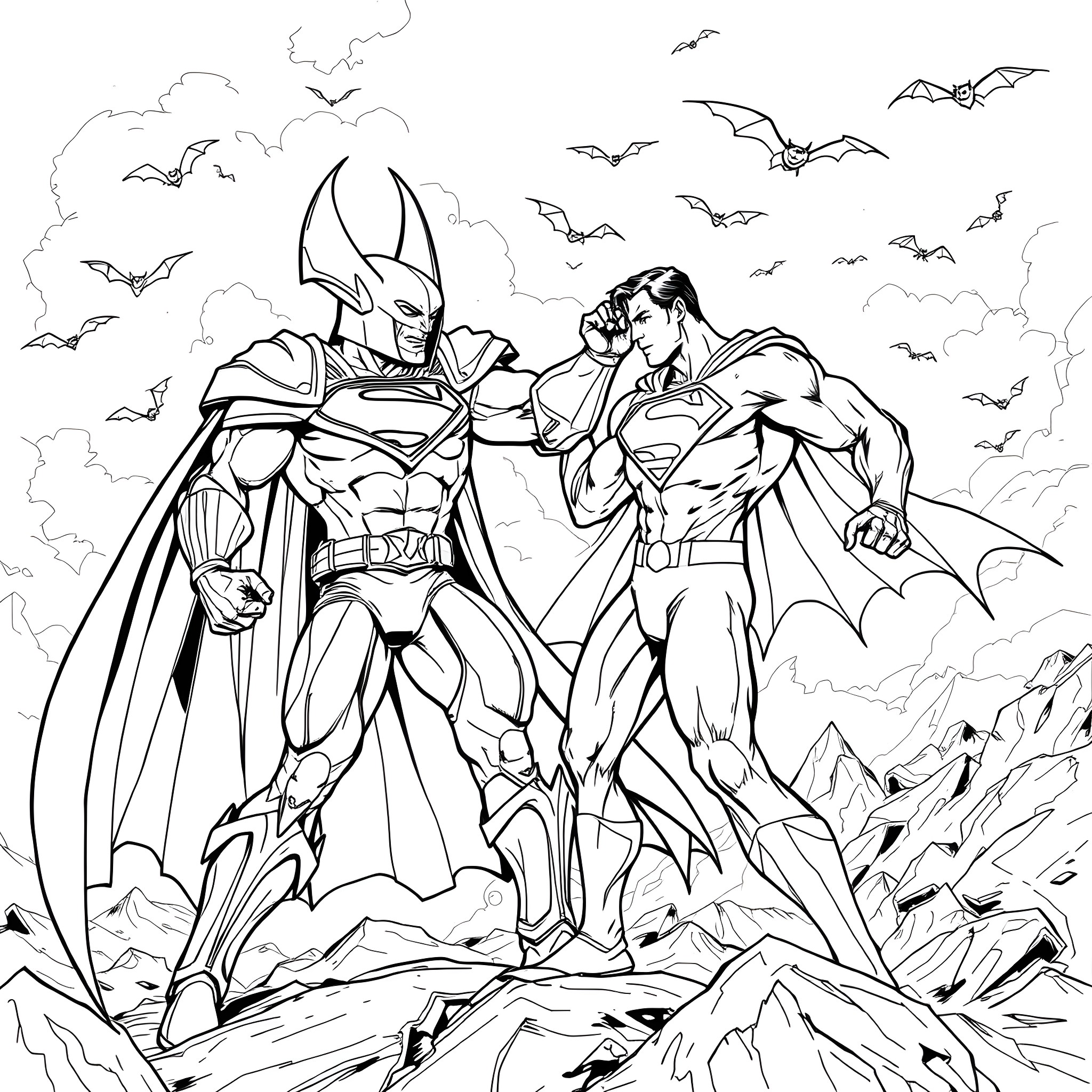 Superman and Batman in heroic battle stance Coloring Page (free black-and-white line drawing printable PDF for all, from beginners to advanced learners, including children, teens, adults, and seniors)