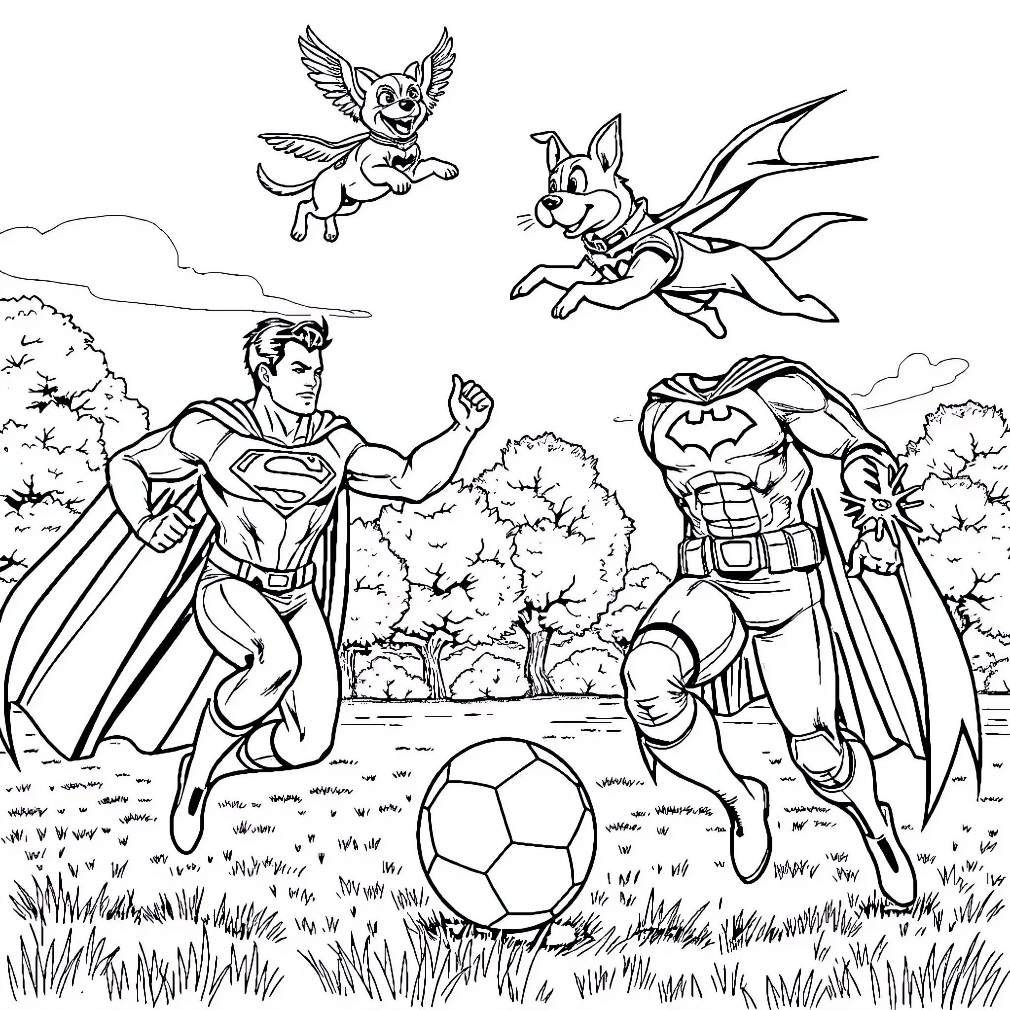 Superman and superheroes playing soccer in the park Coloring Page (free black-and-white line drawing printable PDF for all, from beginners to advanced learners, including children, teens, adults, and seniors)