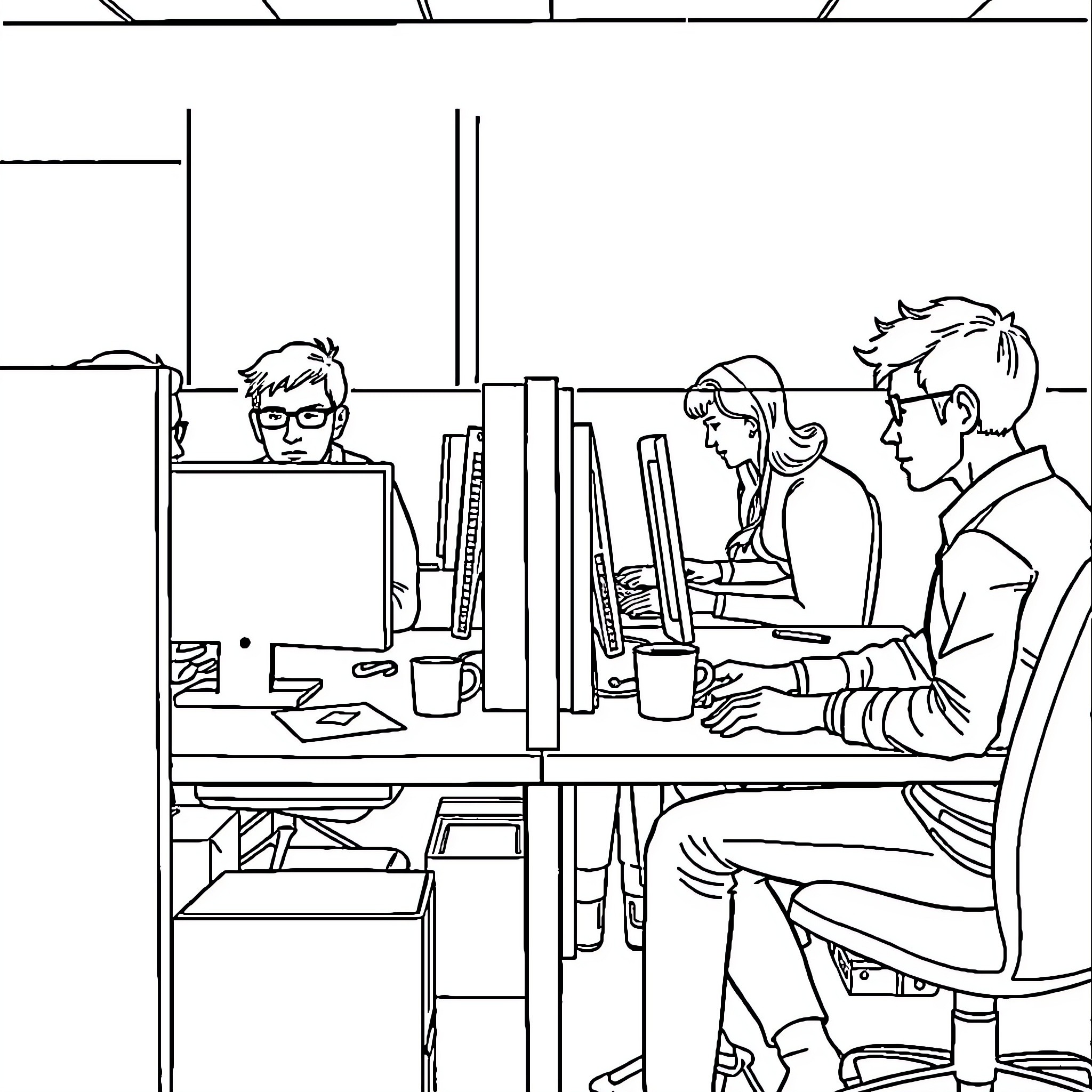 Co-workers collaborating on computer projects Coloring Page (free black-and-white line drawing printable PDF for all, from beginners to advanced learners, including children, teens, adults, and seniors)