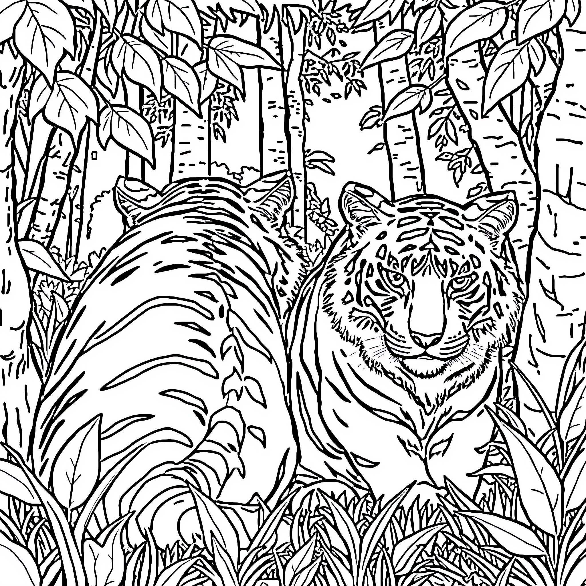 Cat Tigers Stalking in Jungle Foliage Coloring Page (free black-and-white line drawing printable PDF for all, from beginners to advanced learners, including children, teens, adults, and seniors)