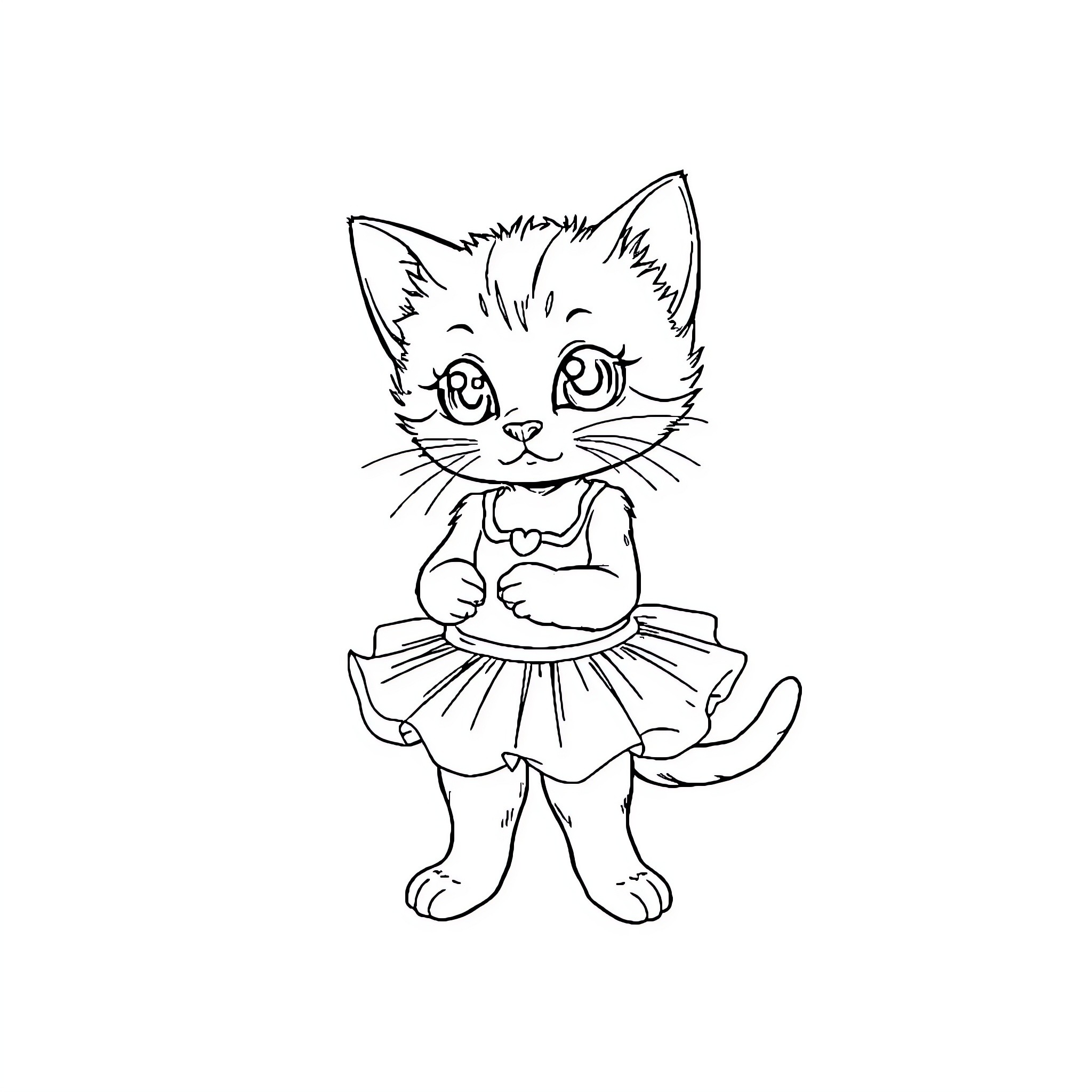 Kitten dressed in a tutu skirt Coloring Page (free black-and-white line drawing printable PDF for all, from beginners to advanced learners, including children, teens, adults, and seniors)
