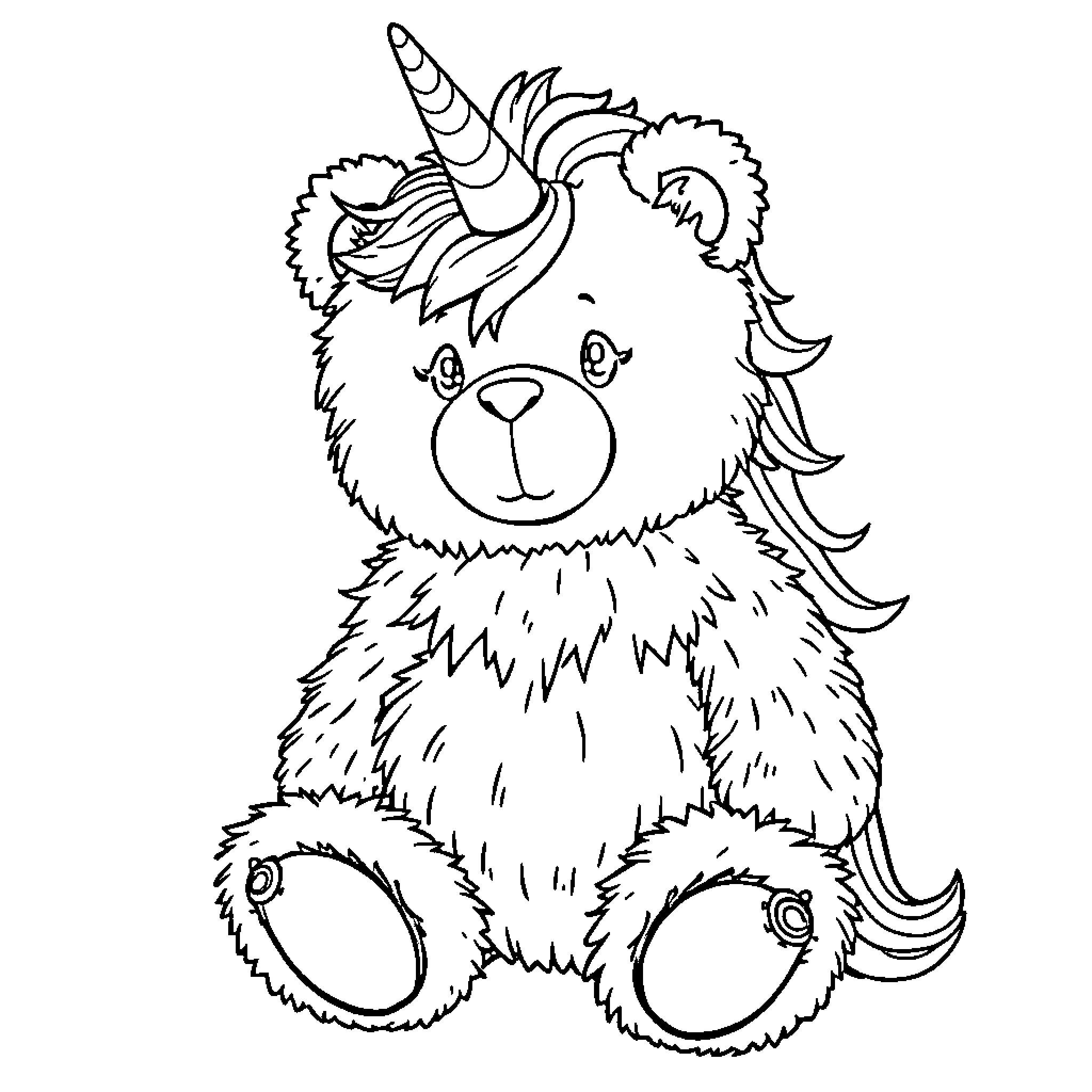 Unicorn Plush Teddy Bear with Whimsical Horns Coloring Page (free black-and-white line drawing printable PDF for all, from beginners to advanced learners, including children, teens, adults, and seniors)