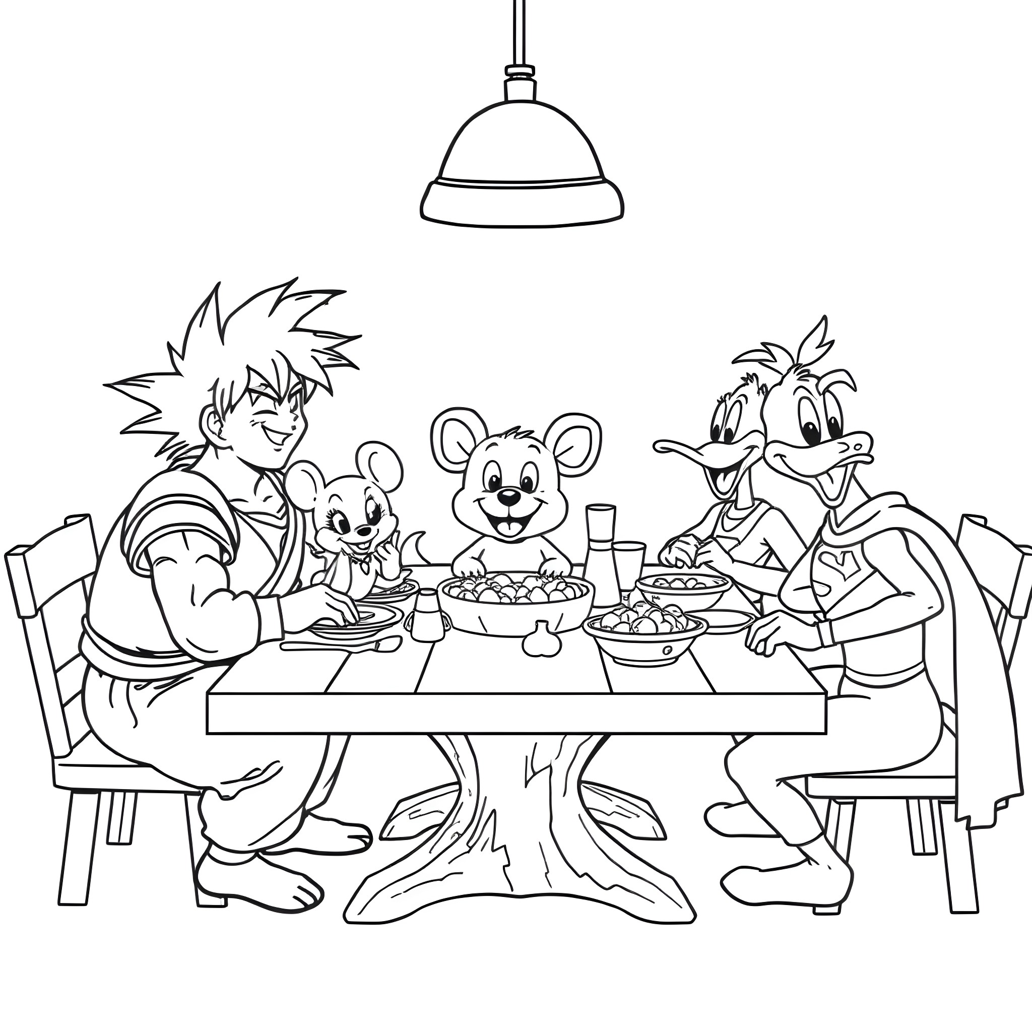 Character enjoying meal with animated animal friends Coloring Page (free black-and-white line drawing printable PDF for all, from beginners to advanced learners, including children, teens, adults, and seniors)