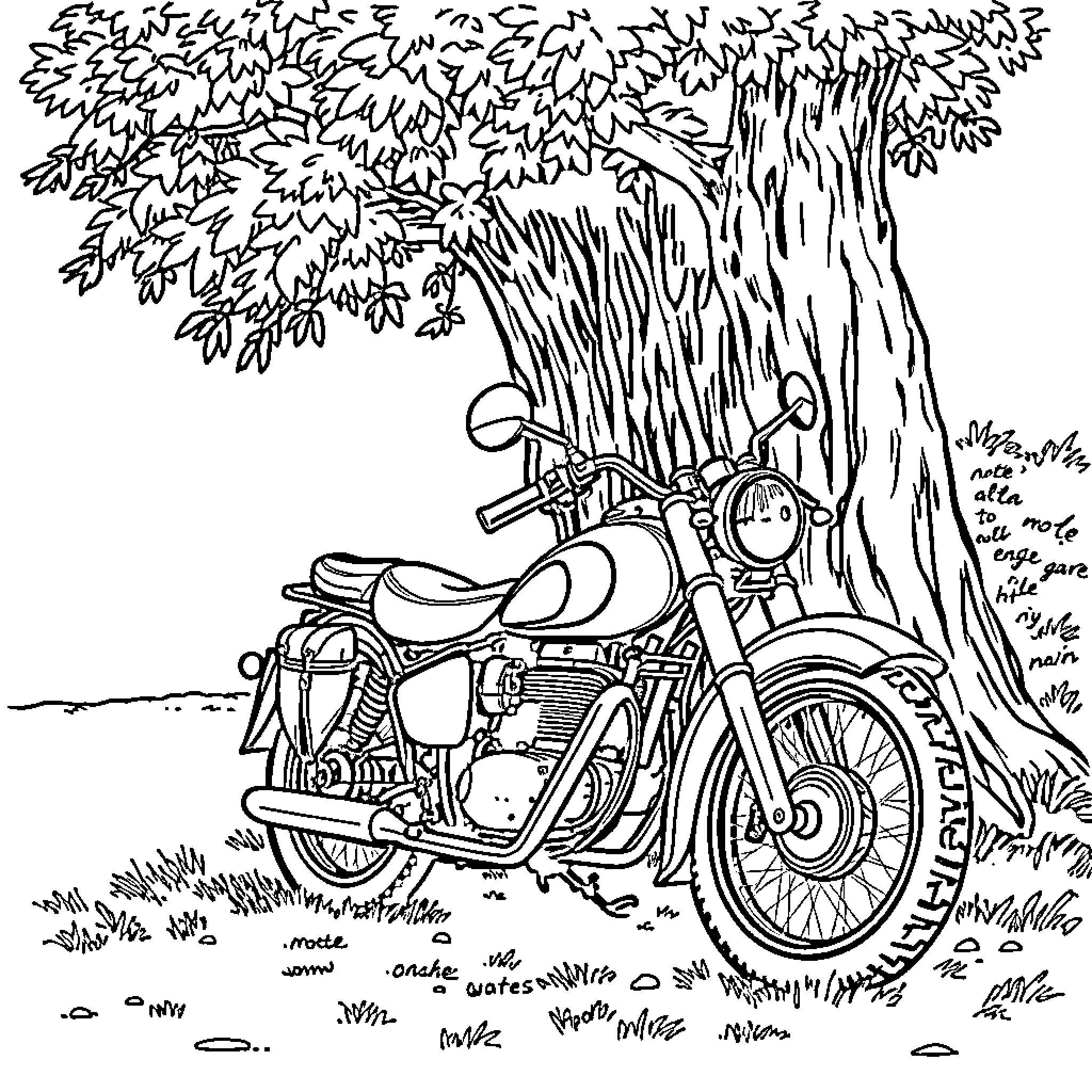 Motorcycle parked under a lush tree Coloring Page (free black-and-white line drawing printable PDF for all, from beginners to advanced learners, including children, teens, adults, and seniors)