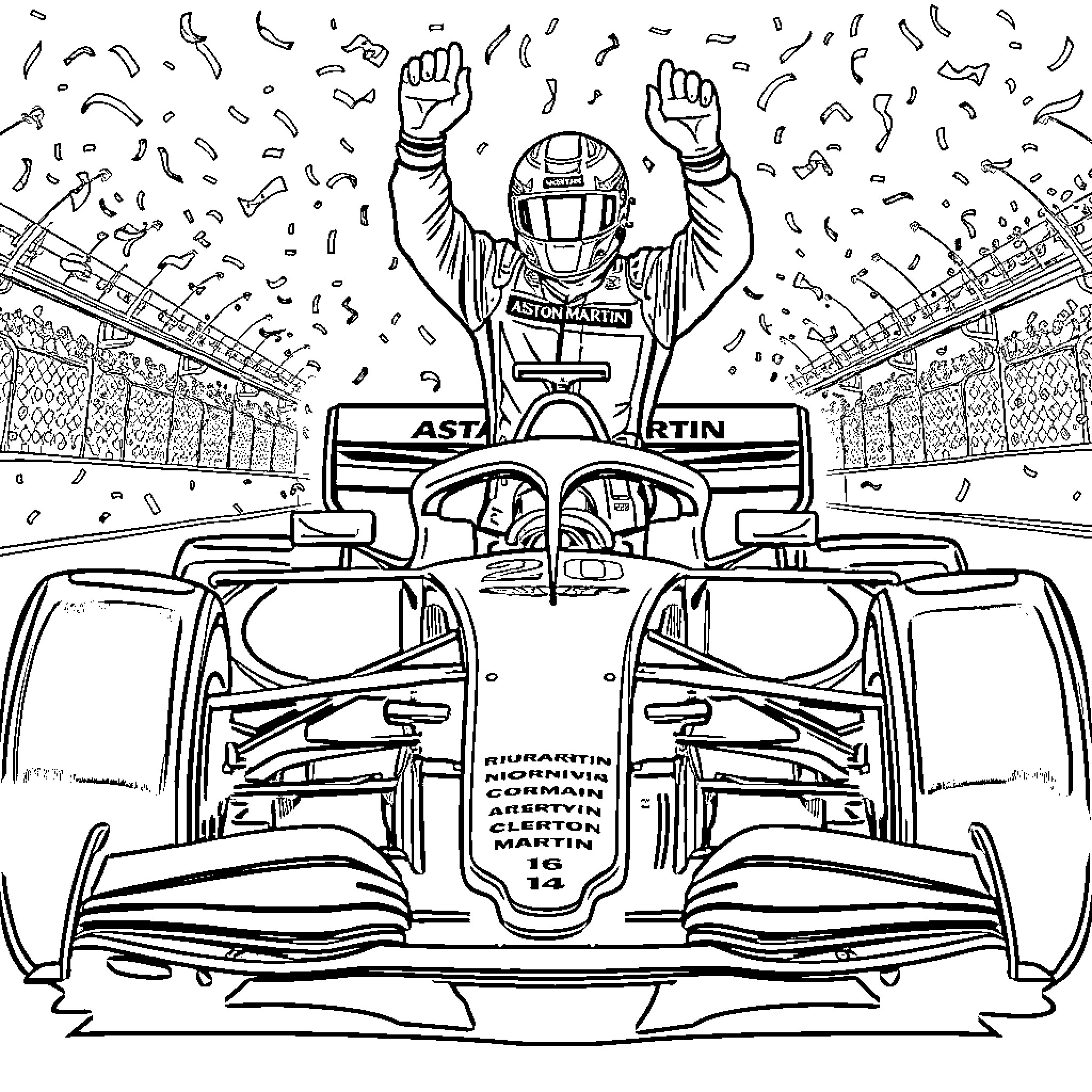Formula 1 Driver Celebrates Victory on the Racetrack Coloring Page (free black-and-white line drawing printable PDF for all, from beginners to advanced learners, including children, teens, adults, and seniors)