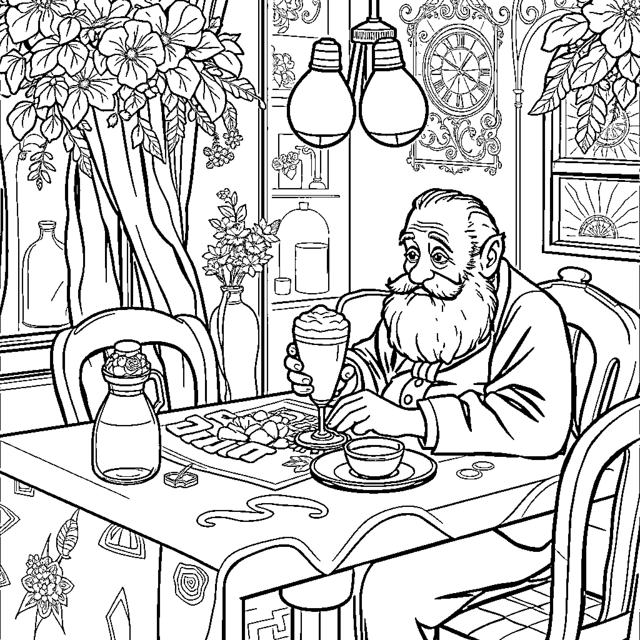 Papa's Cozy Afternoon Delight Coloring Page (free black-and-white line drawing printable PDF for all, from beginners to advanced learners, including children, teens, adults, and seniors)
