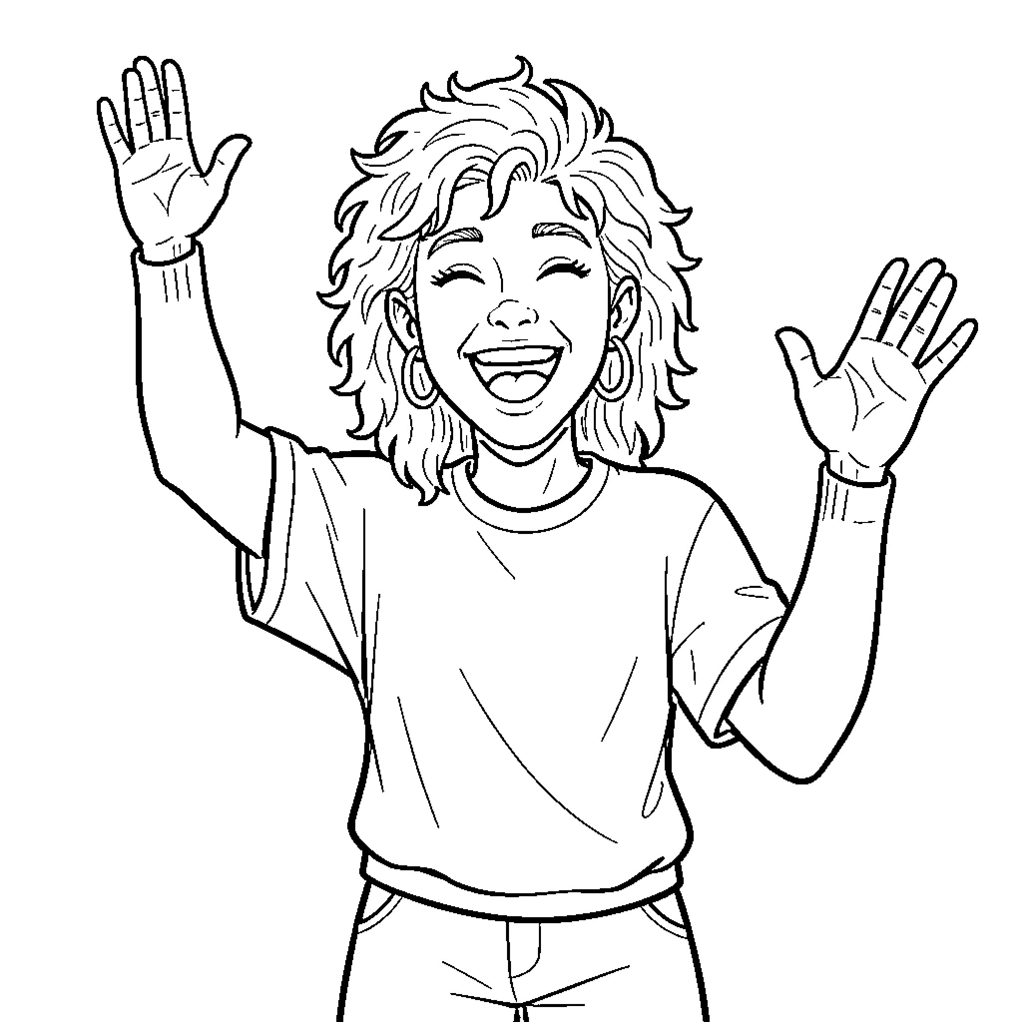 Gay woman laughing joyfully with arms raised up Coloring Page (free black-and-white line drawing printable PDF for all, from beginners to advanced learners, including children, teens, adults, and seniors)
