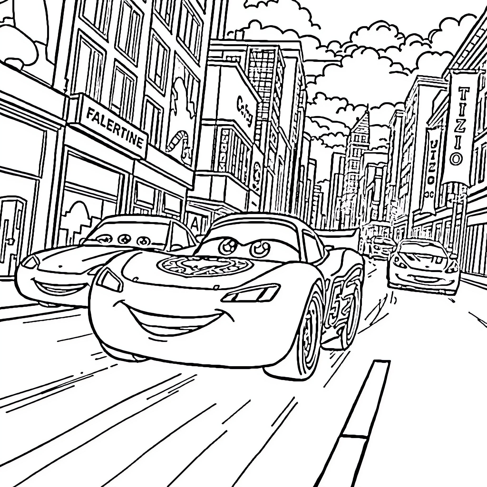 Car racing through the city streets Coloring Page (free black-and-white line drawing printable PDF for all, from beginners to advanced learners, including children, teens, adults, and seniors)