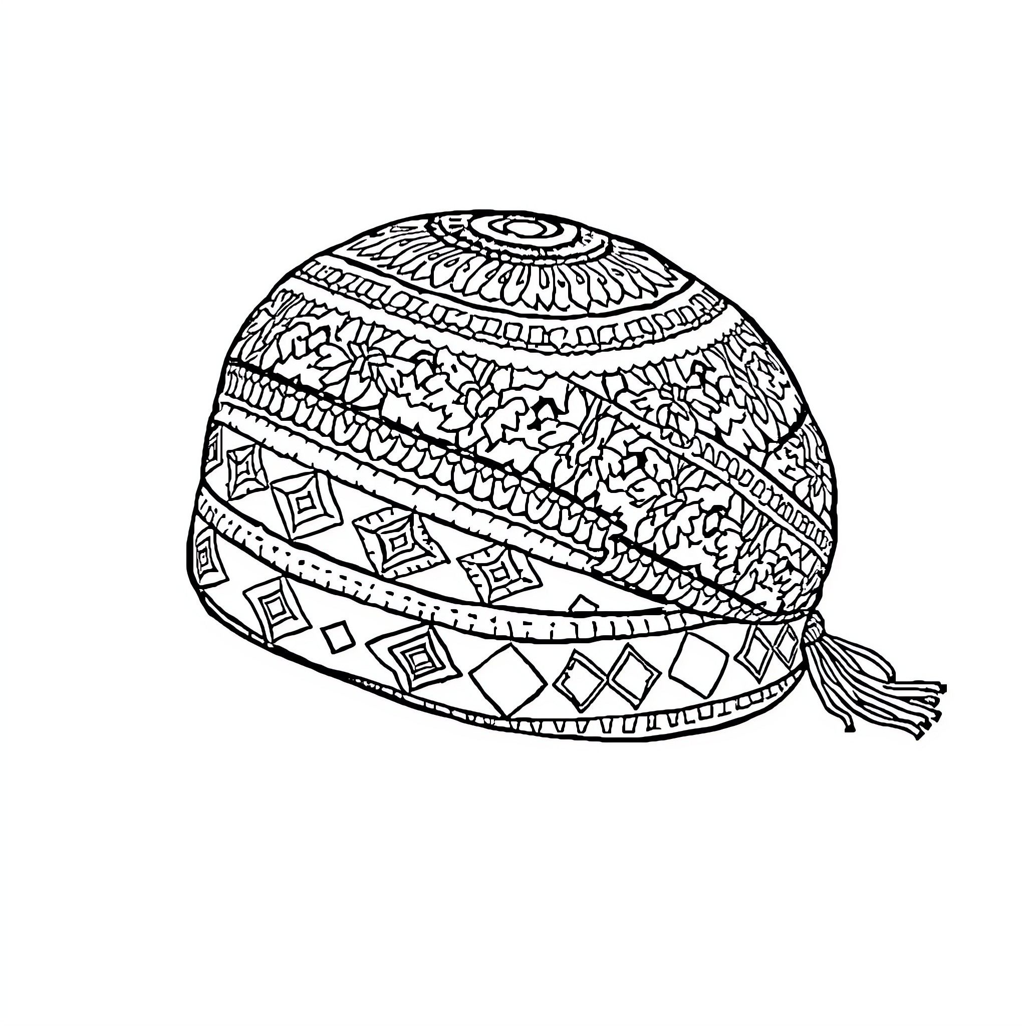 Hat with intricate floral and geometric patterns Coloring Page (free black-and-white line drawing printable PDF for all, from beginners to advanced learners, including children, teens, adults, and seniors)