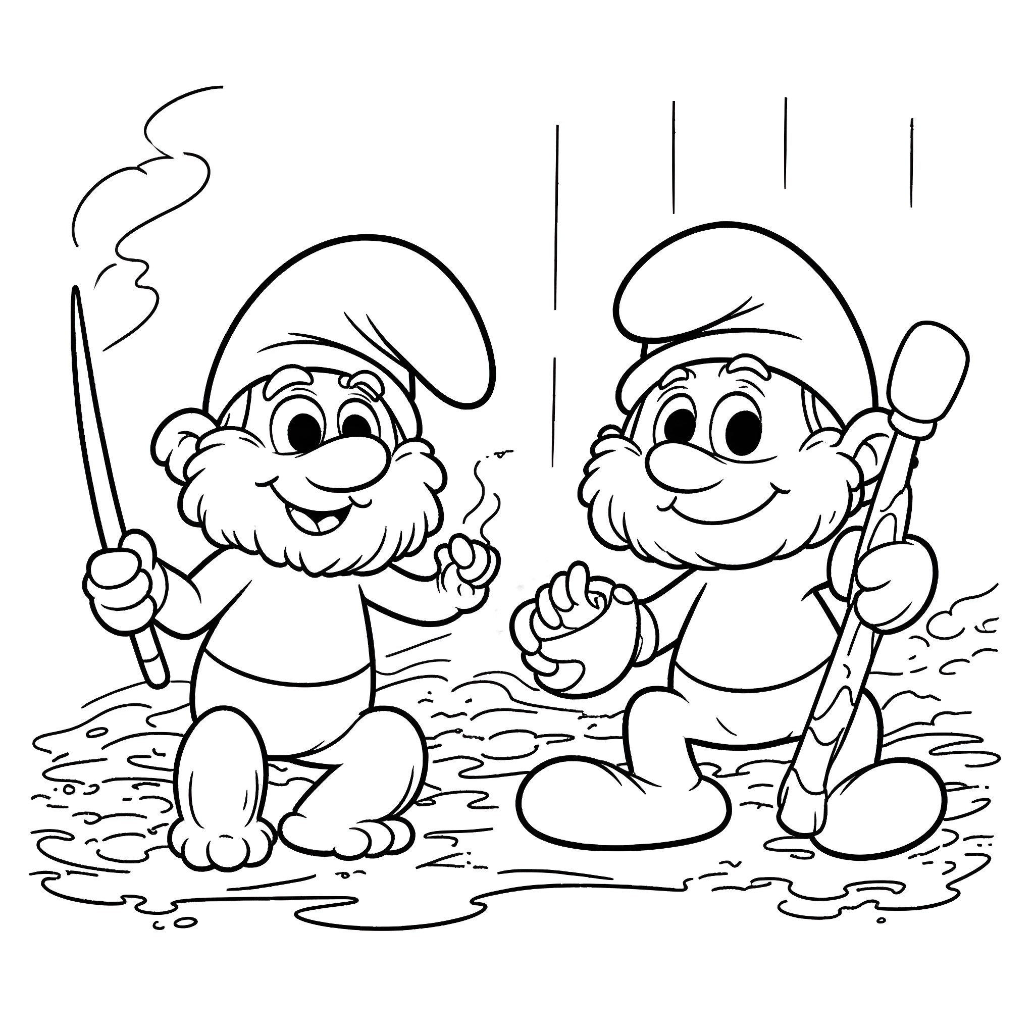 Smurf friends exploring the outdoors Coloring Page (free black-and-white line drawing printable PDF for all, from beginners to advanced learners, including children, teens, adults, and seniors)