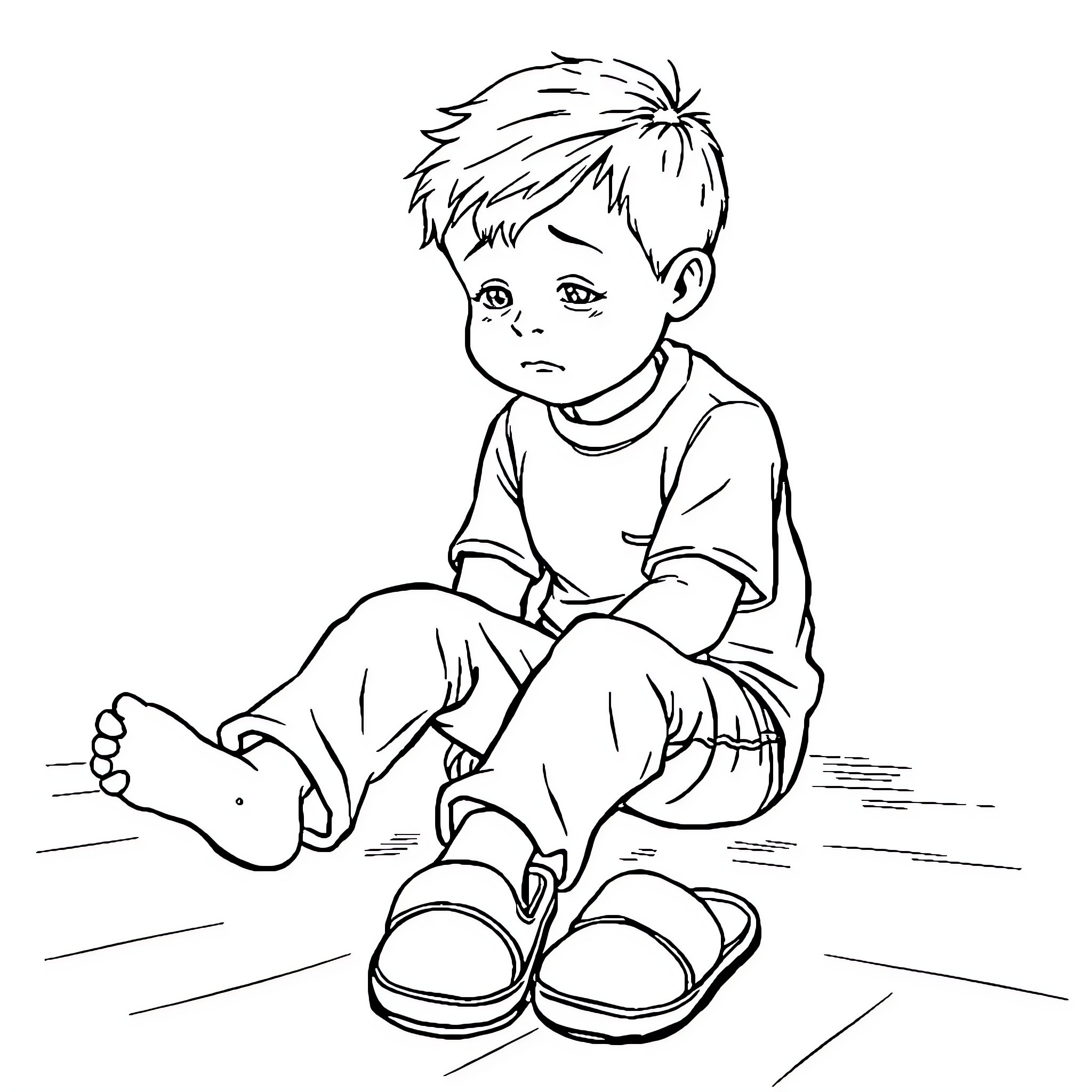 Boy sitting alone with a sad expression Coloring Page (free black-and-white line drawing printable PDF for all, from beginners to advanced learners, including children, teens, adults, and seniors)