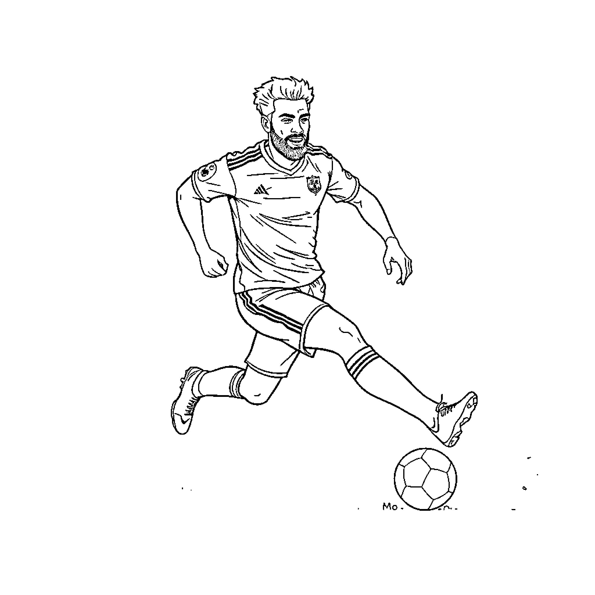 Mo Salah dribbling with soccer ball Coloring Page (free black-and-white line drawing printable PDF for all, from beginners to advanced learners, including children, teens, adults, and seniors)