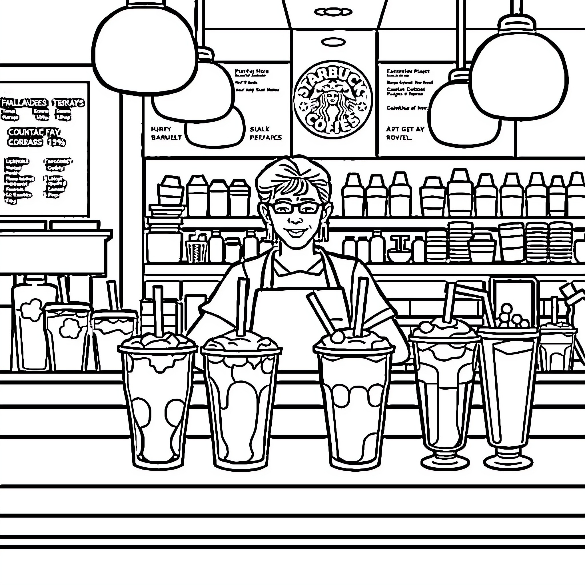 Barista Serving Various Beverages in a Cafe Coloring Page (free black-and-white line drawing printable PDF for all, from beginners to advanced learners, including children, teens, adults, and seniors)