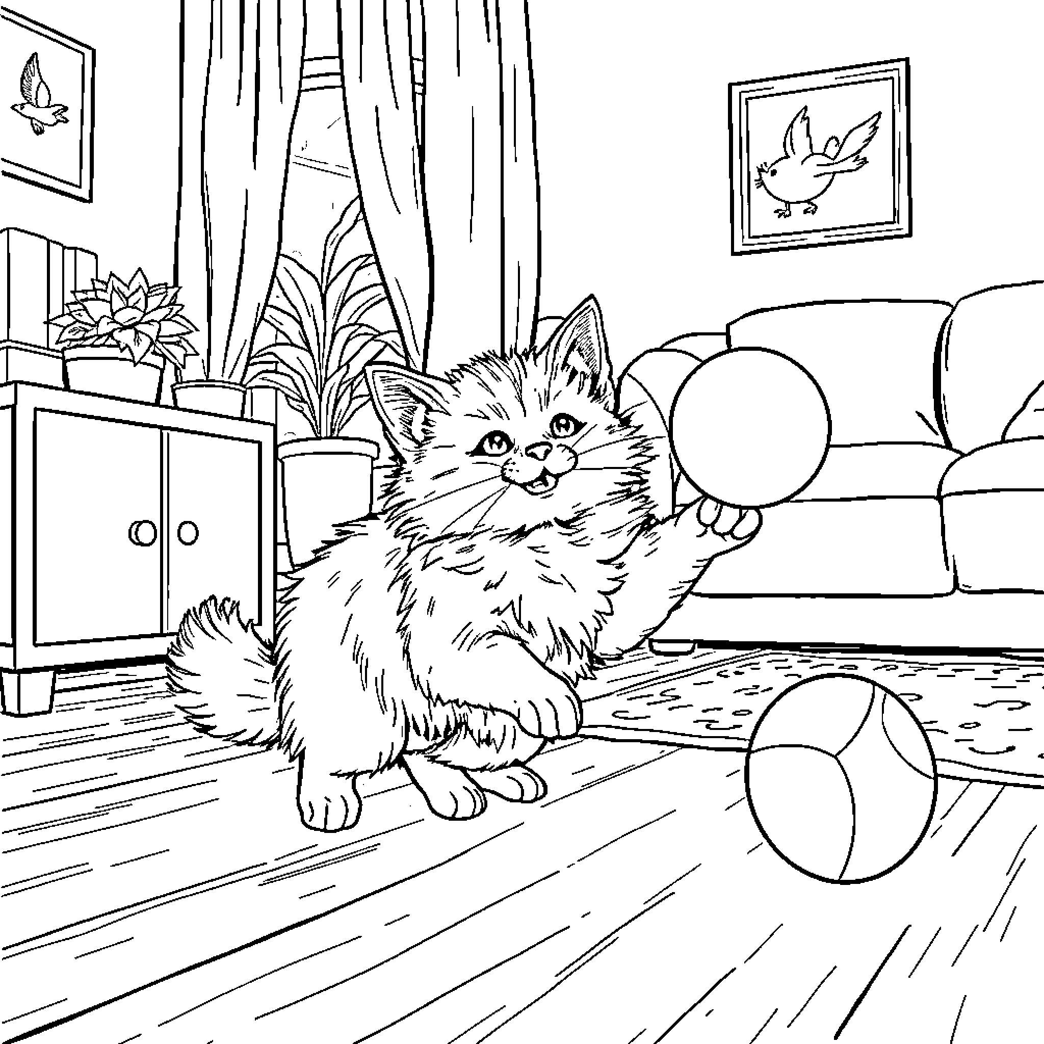 Cat playing with toys in a cozy indoor setting Coloring Page (free black-and-white line drawing printable PDF for all, from beginners to advanced learners, including children, teens, adults, and seniors)