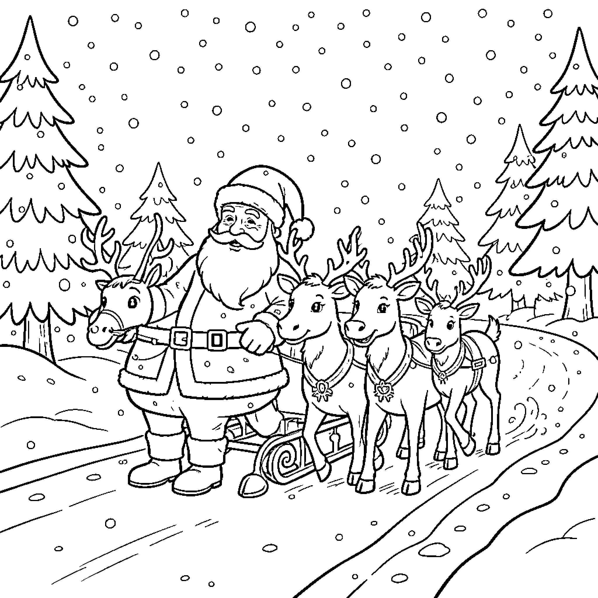 Père Noël driving a reindeer sleigh through the snow Coloring Page (free black-and-white line drawing printable PDF for all, from beginners to advanced learners, including children, teens, adults, and seniors)