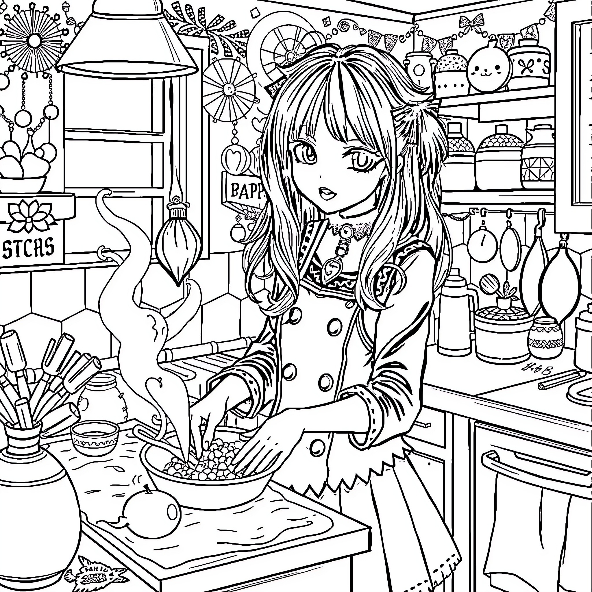 Goth Girl Cooking in the Kitchen Coloring Page (free black-and-white line drawing printable PDF for all, from beginners to advanced learners, including children, teens, adults, and seniors)
