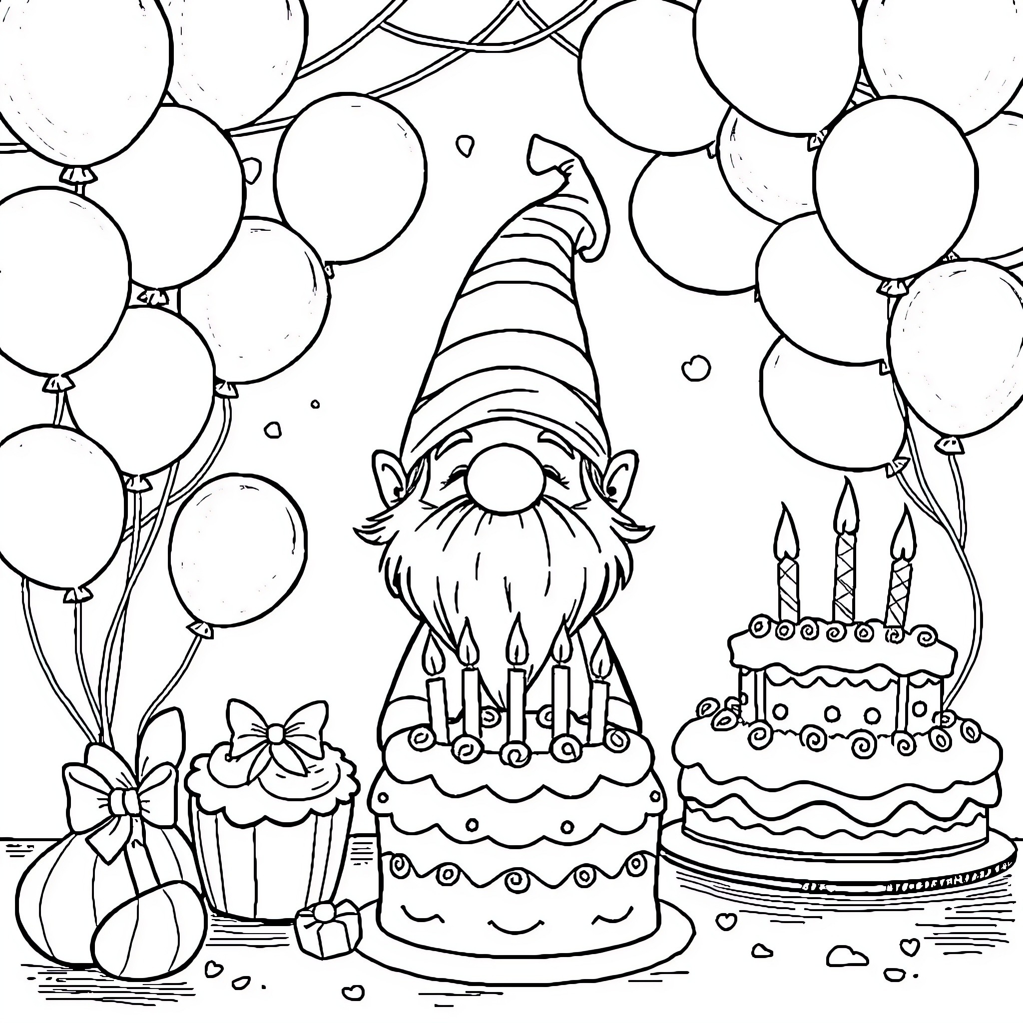 Gnome celebrating birthday with cake and balloons Coloring Page (free black-and-white line drawing printable PDF for all, from beginners to advanced learners, including children, teens, adults, and seniors)